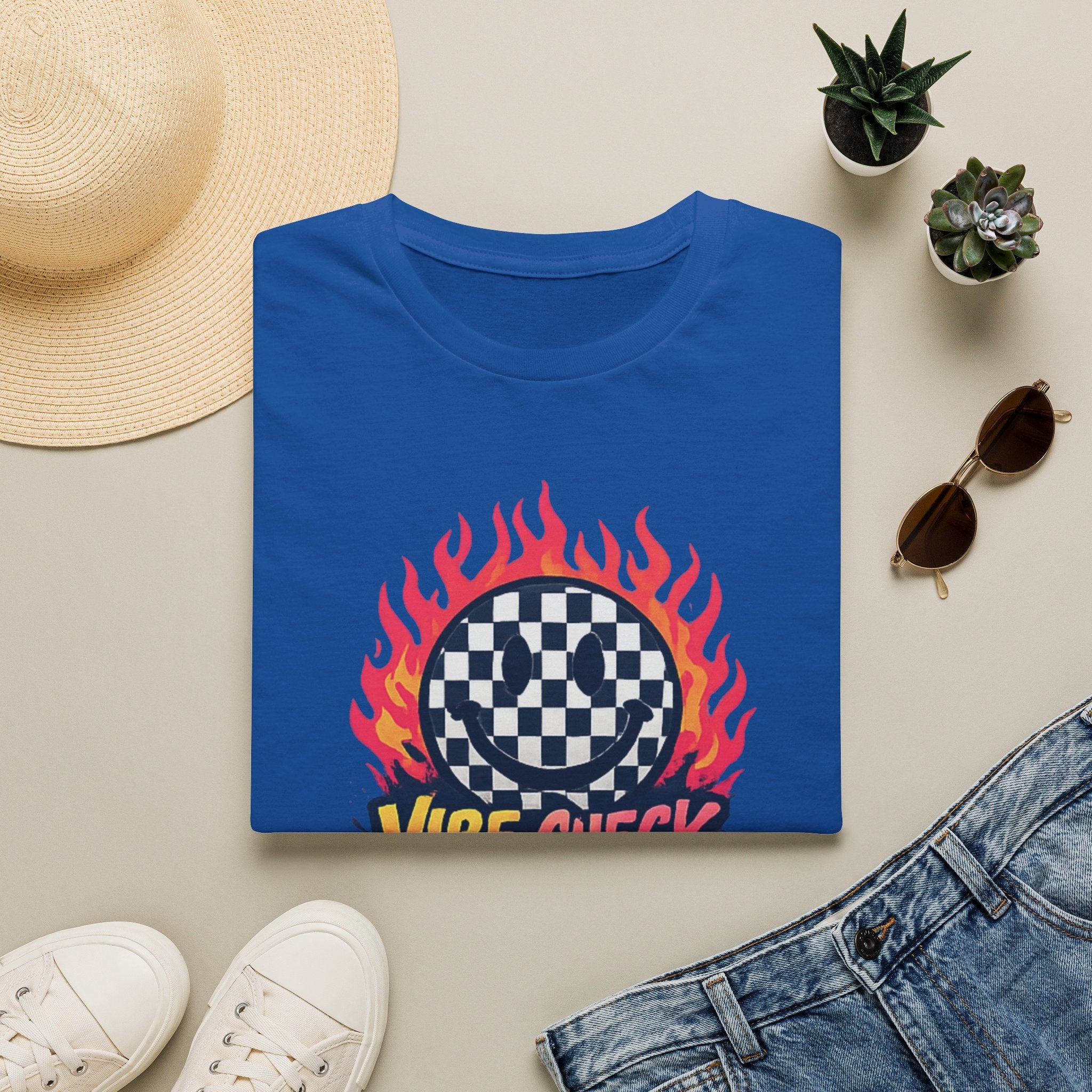 Vibe Check Graphic T-Shirt — Checkerboard Flame Design