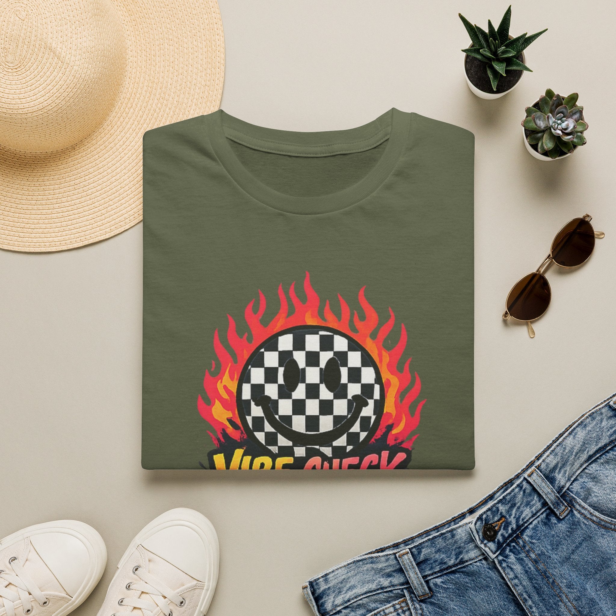 Vibe Check Graphic T-Shirt — Checkerboard Flame Design