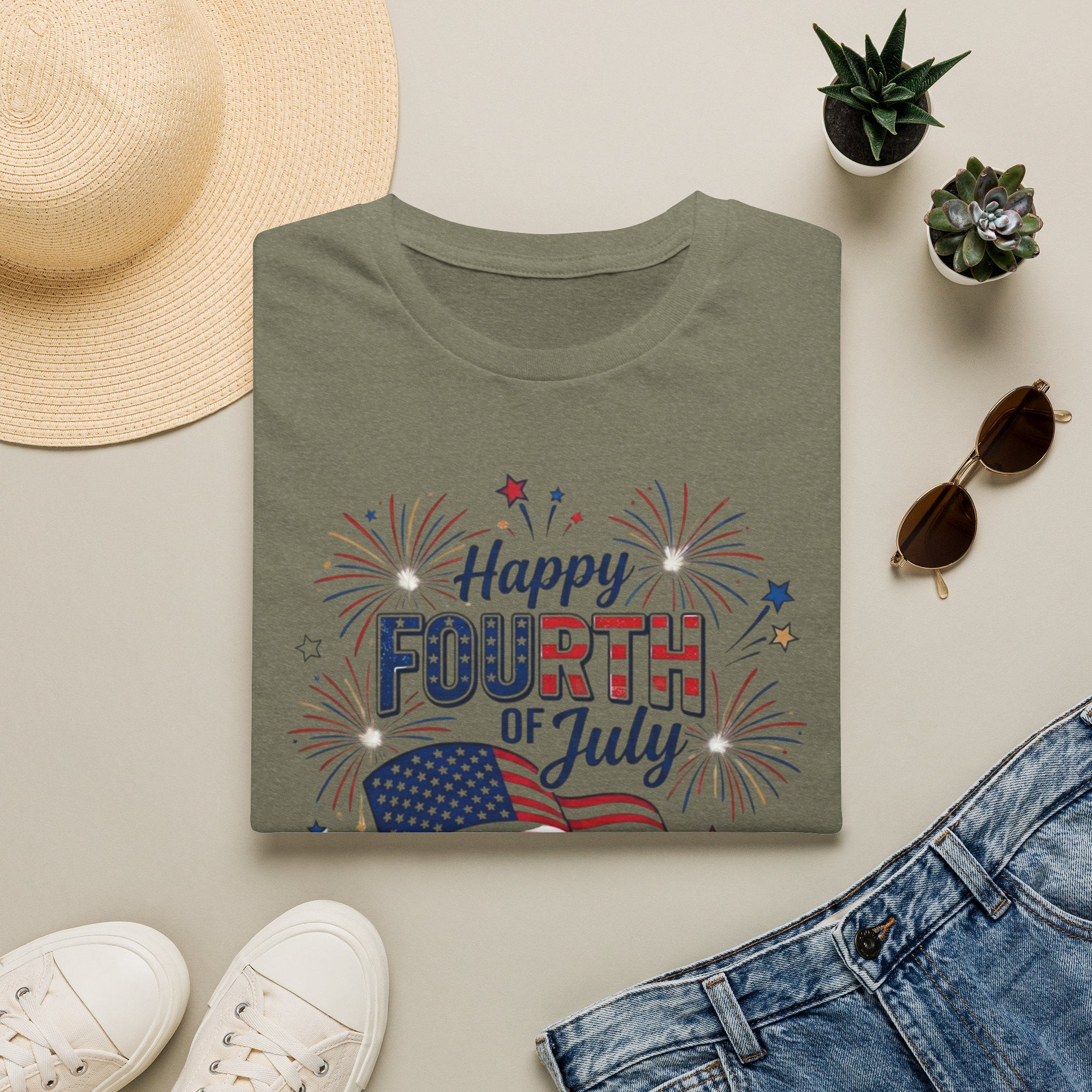 Fourth of July T-Shirt — "Happy Fourth of July" Patriotic Fireworks Flag Tee