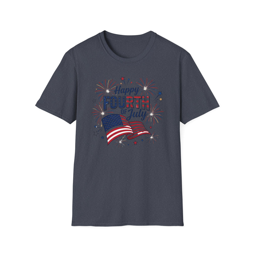 Fourth of July T-Shirt — "Happy Fourth of July" Patriotic Fireworks Flag Tee