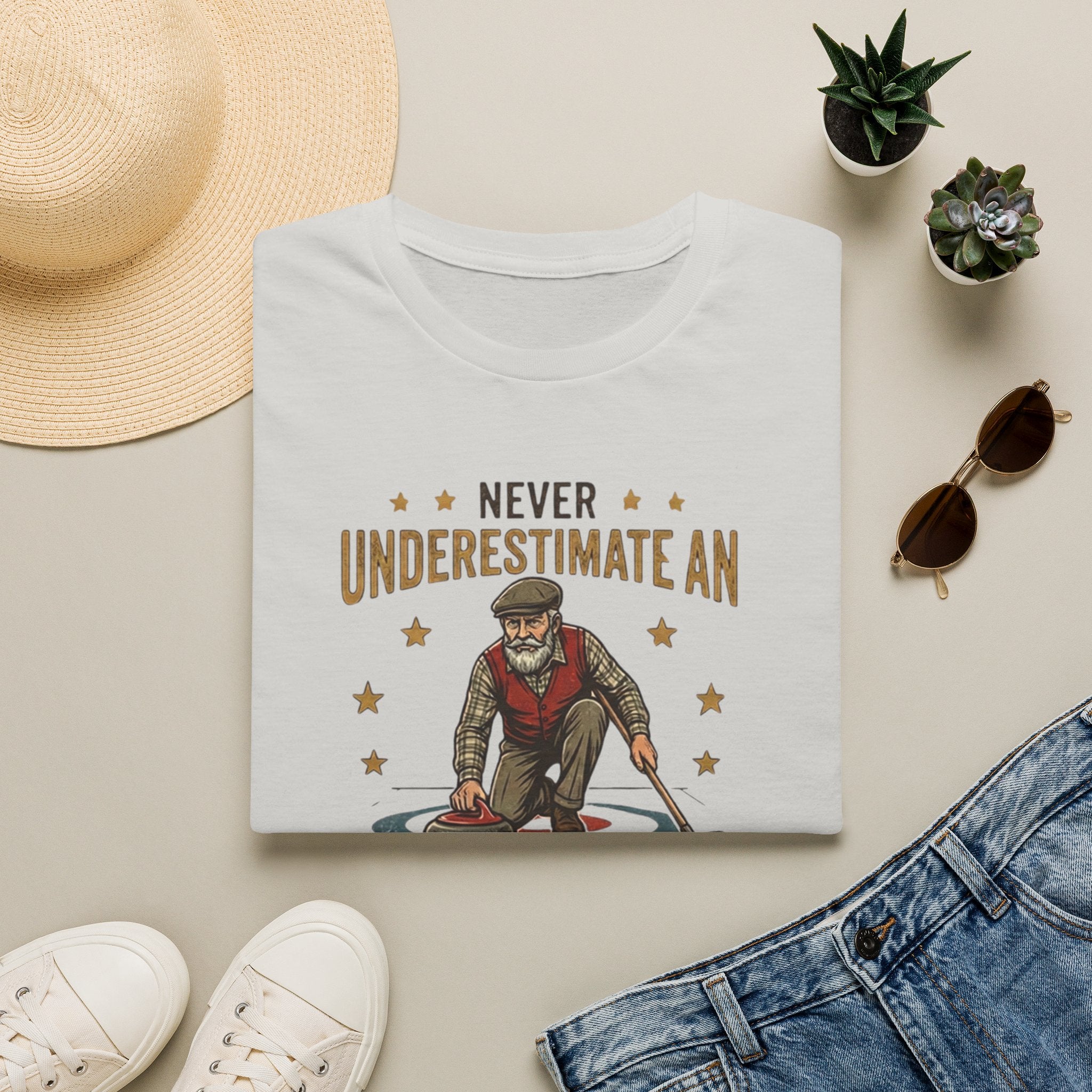 T‑Shirt — "Never Underestimate an Old Man with a Broom" Vintage Curling Design