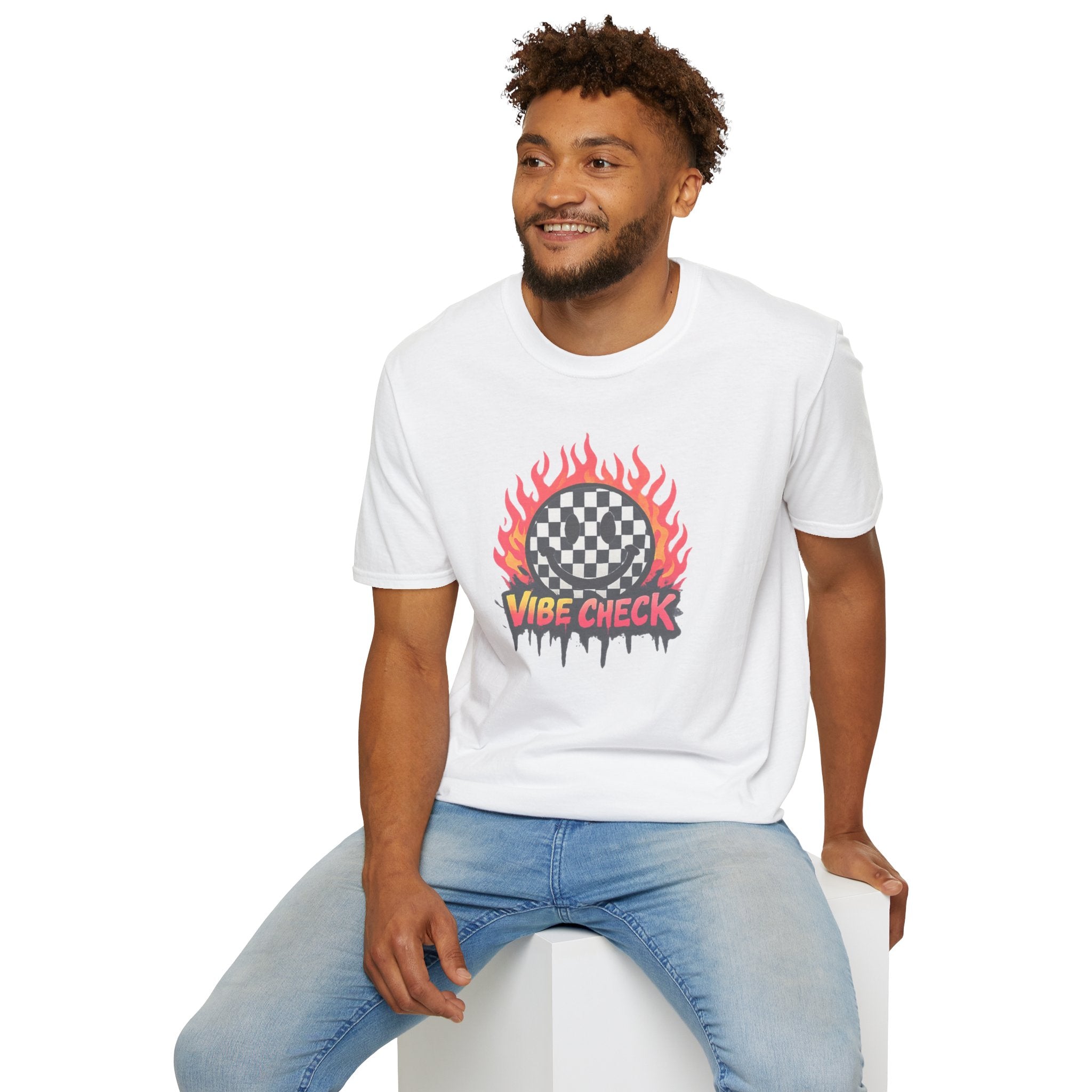 Vibe Check Graphic T-Shirt — Checkerboard Flame Design