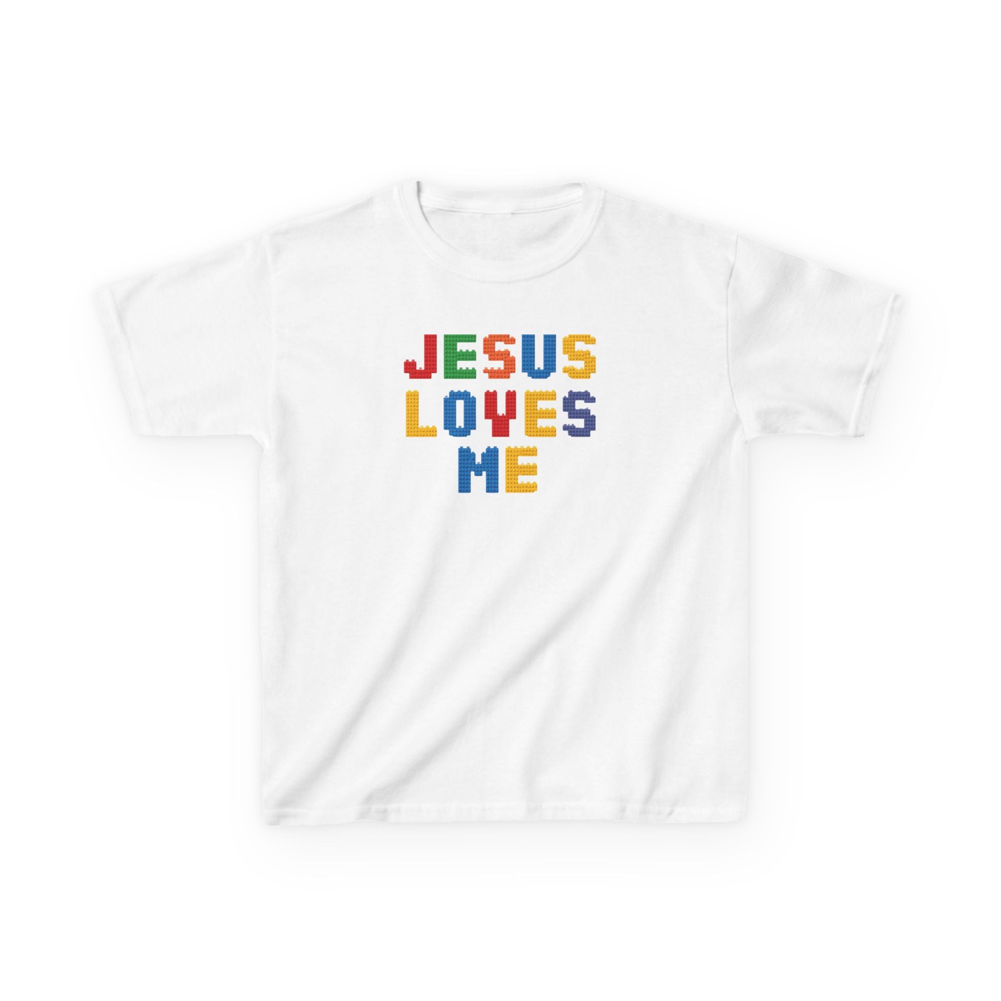 Kids T-Shirt — "Jesus Loves Me" Colorful Block Letter Tee