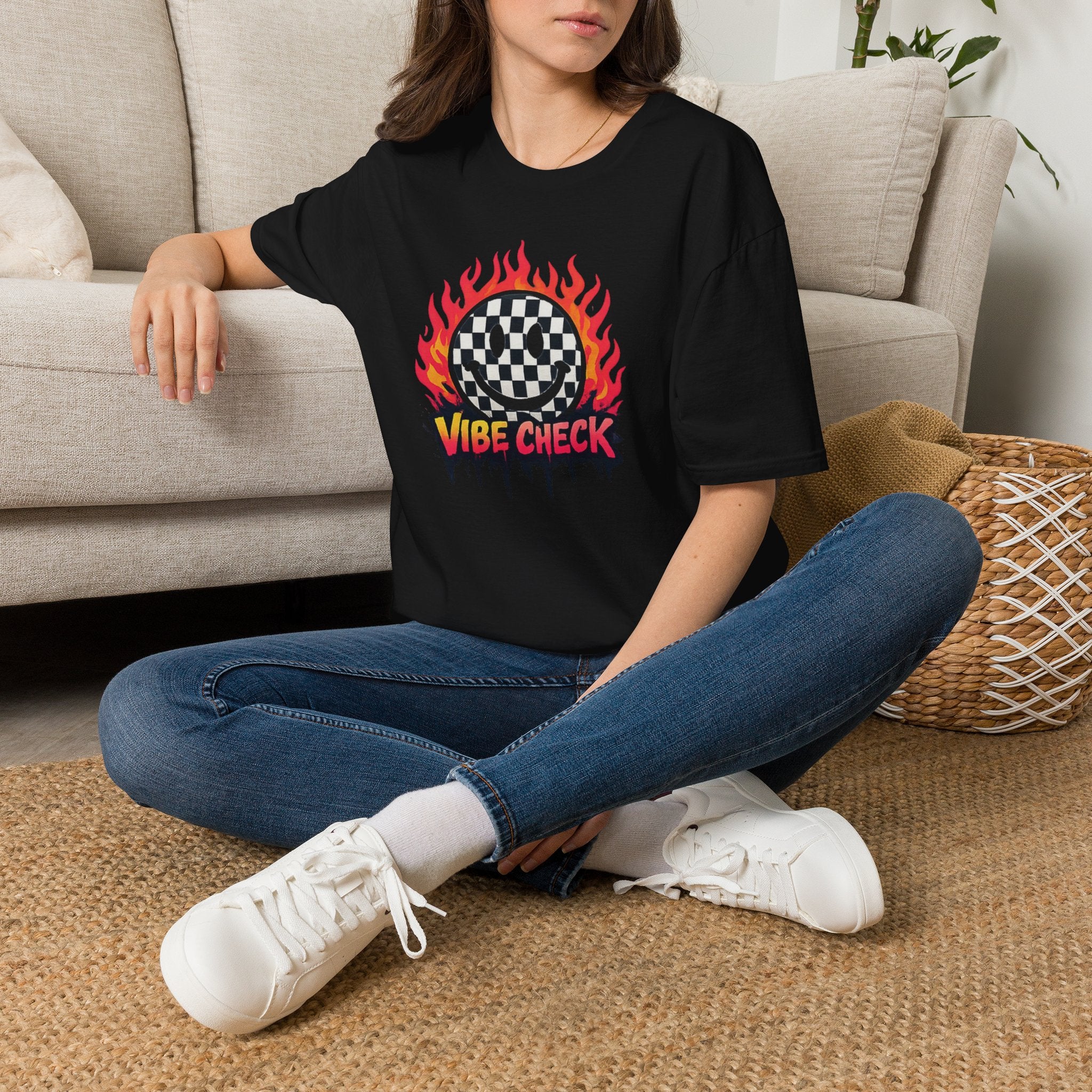 Vibe Check Graphic T-Shirt — Checkerboard Flame Design