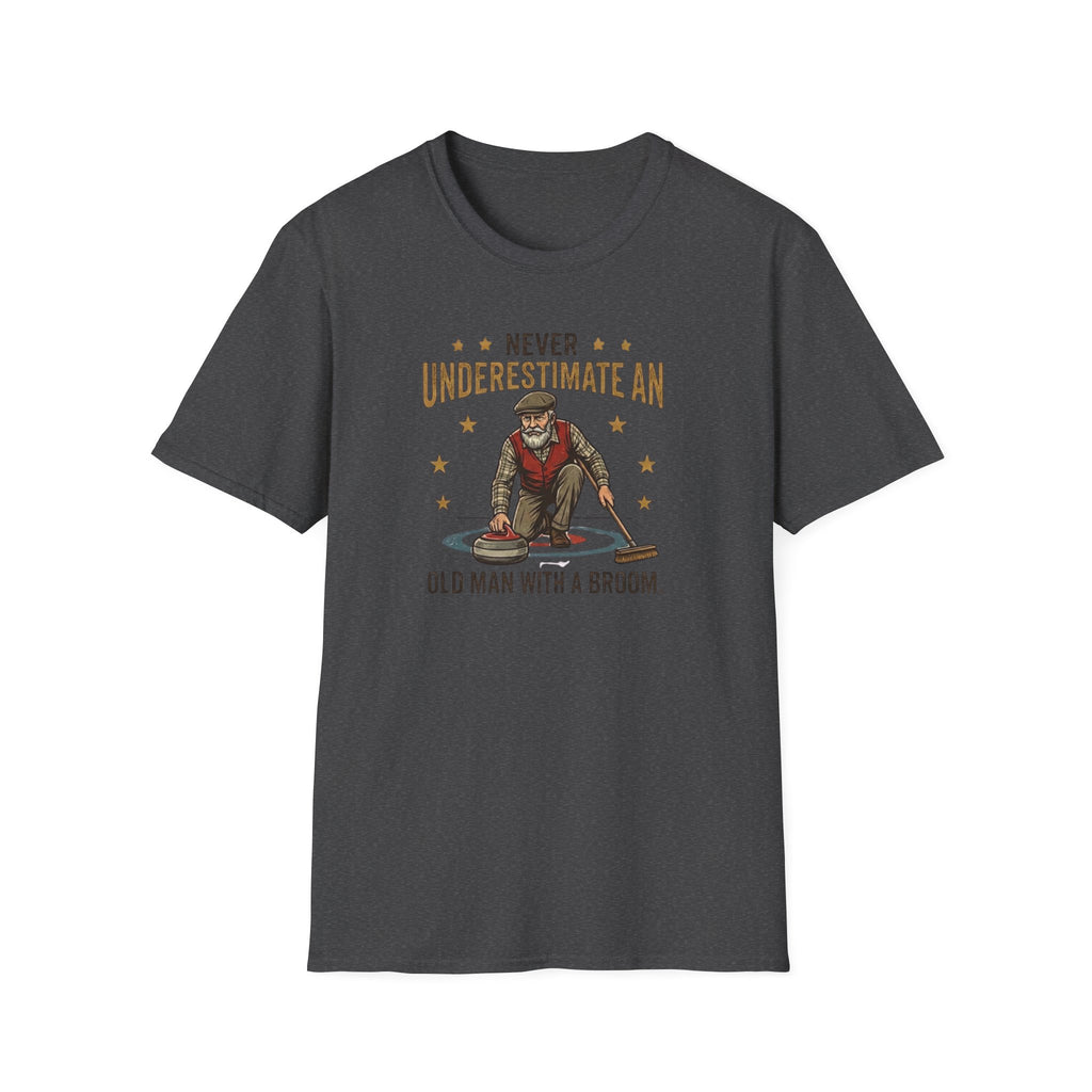 T‑Shirt — "Never Underestimate an Old Man with a Broom" Vintage Curling Design