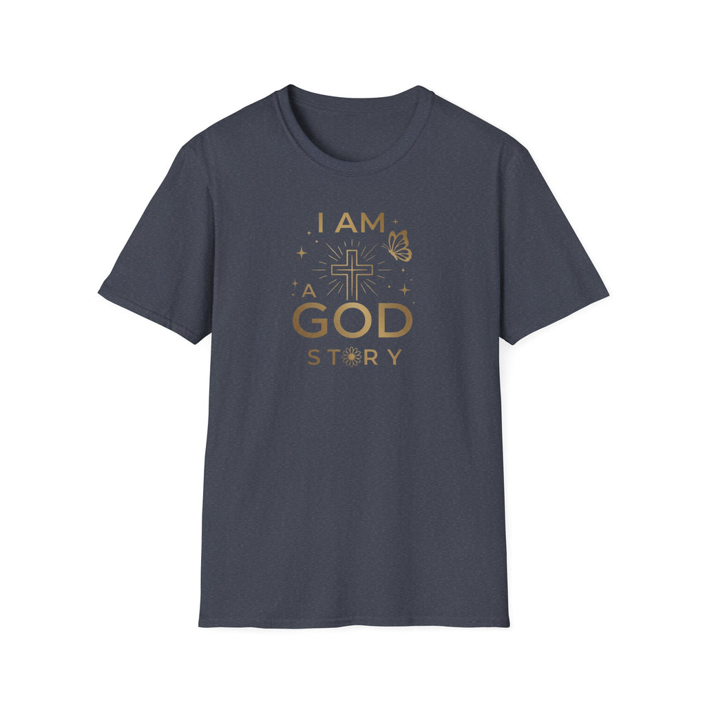 I Am a Godstory T-Shirt — Christian Faith Cross Tee (Butterfly & Inspirational Scripture Design)