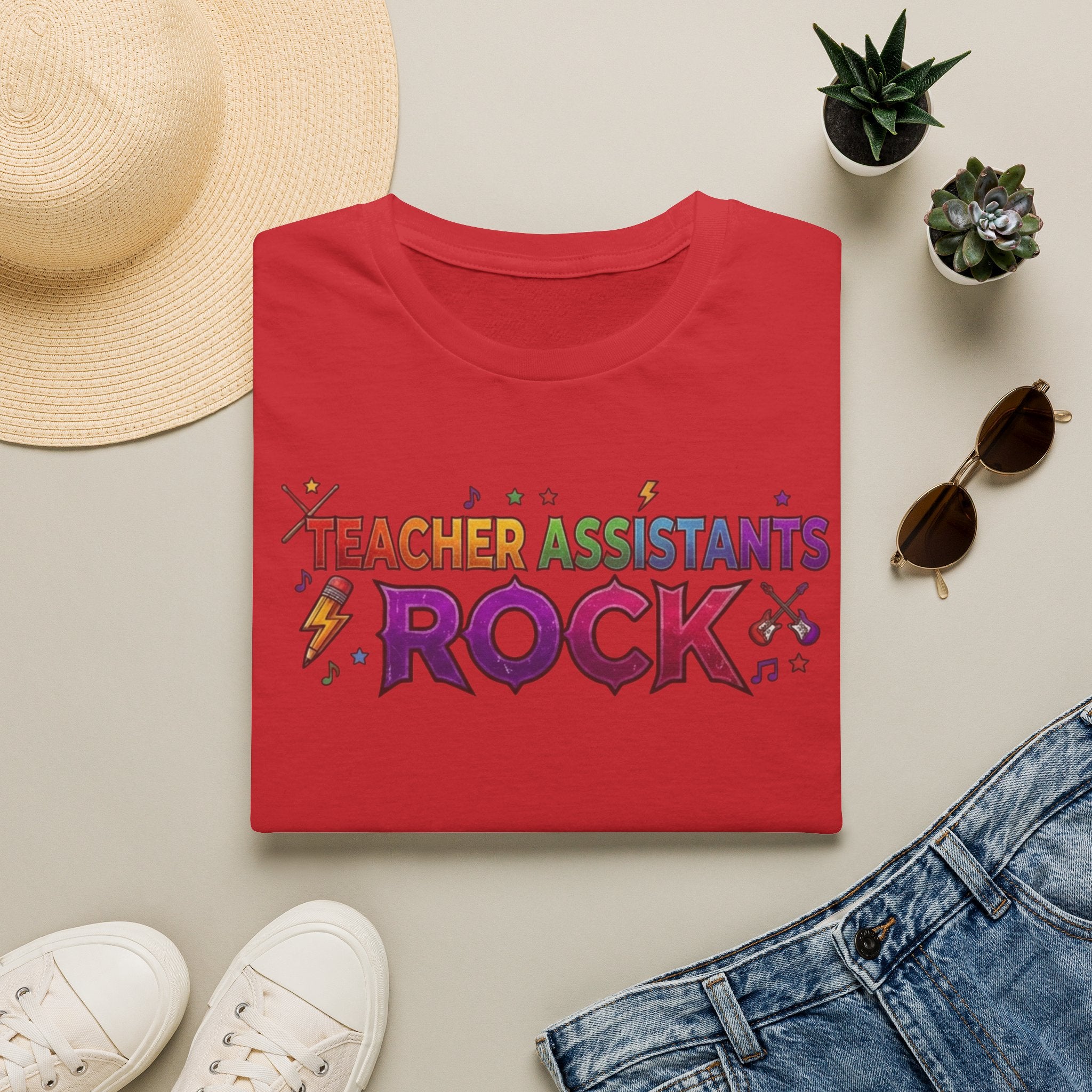 Teacher Assistants Rock T-Shirt — Colorful Retro School Support Staff Tee