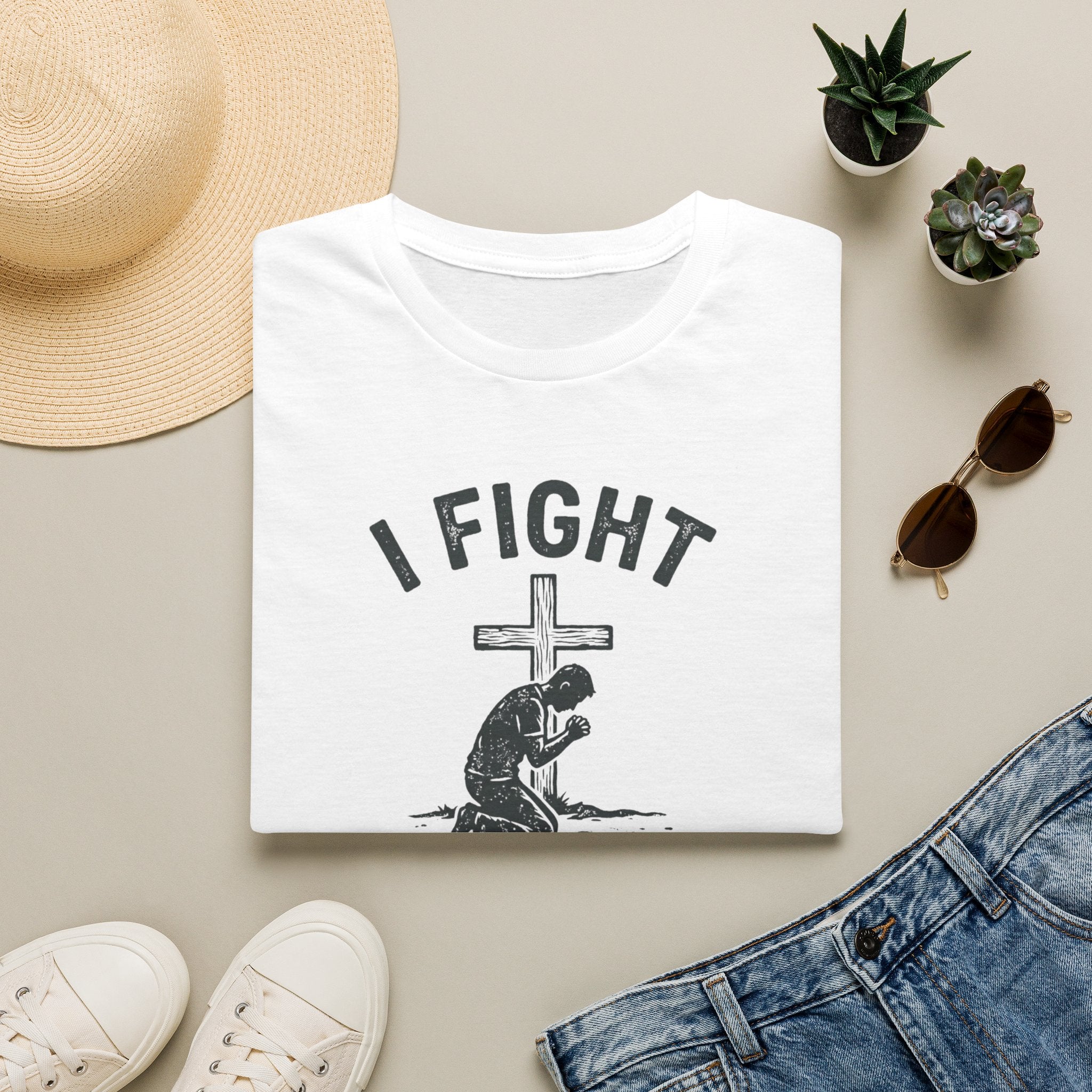 T-Shirt — "I Fight on My Knees" Prayer Graphic