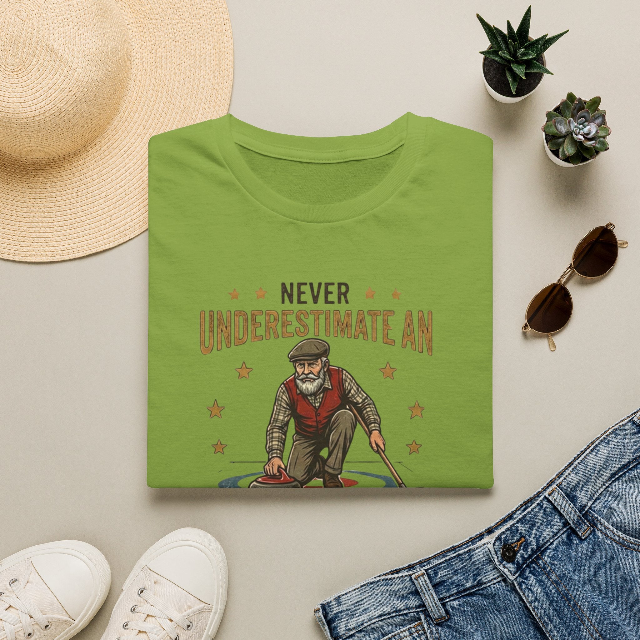 T‑Shirt — "Never Underestimate an Old Man with a Broom" Vintage Curling Design