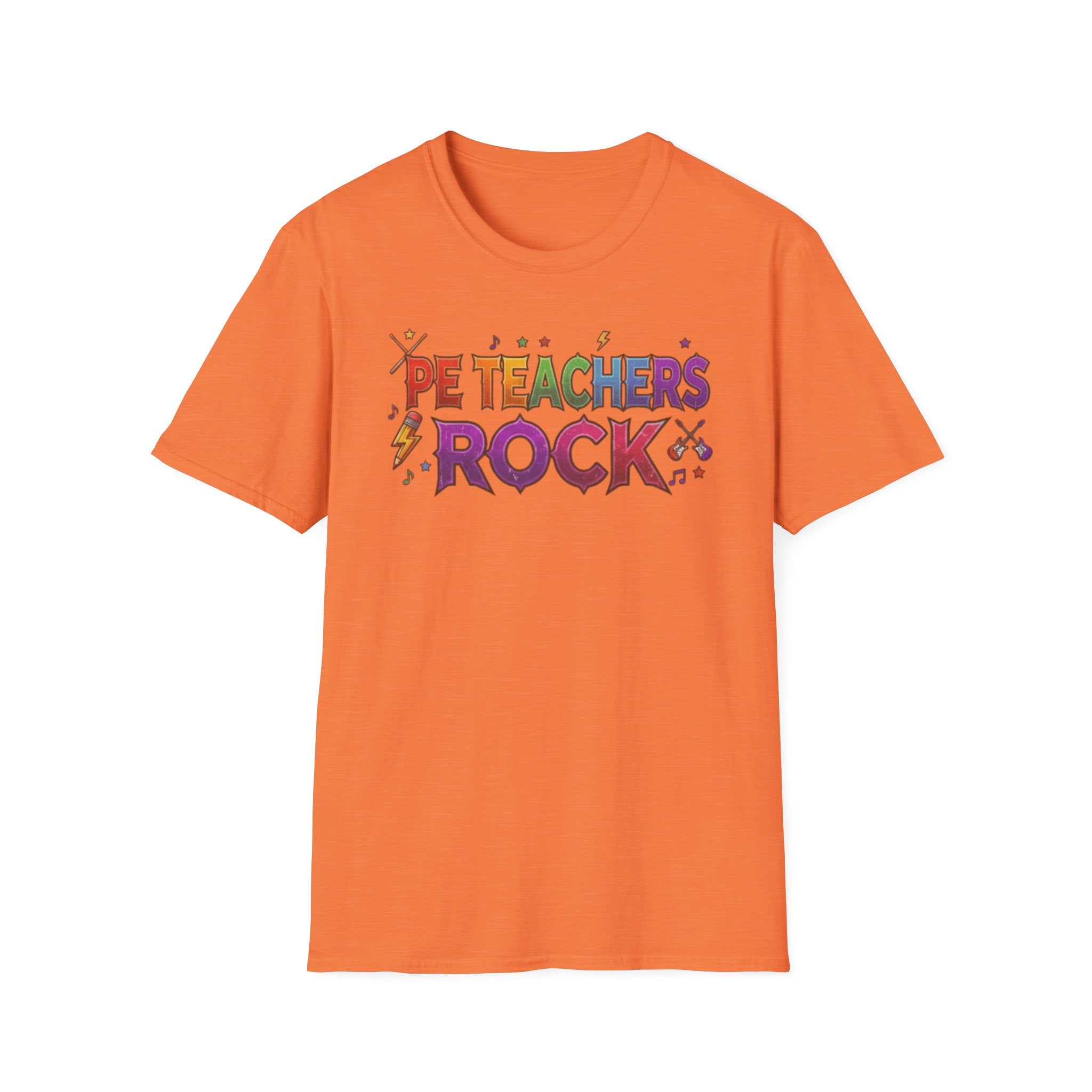 PE Teachers Rock T-Shirt — Colorful Retro Music Graphic Tee for Elementary & Special Ed Educators