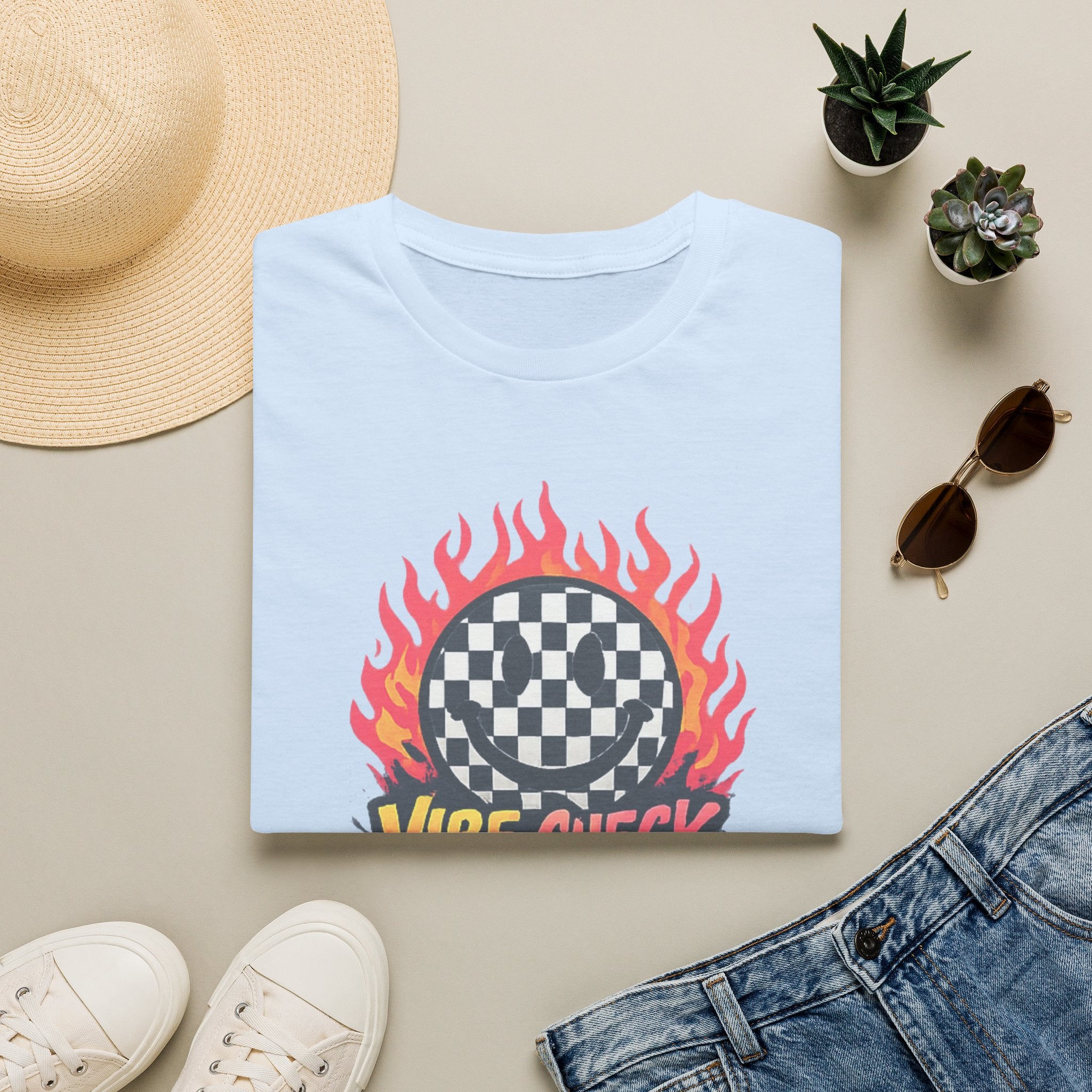 Vibe Check Graphic T-Shirt — Checkerboard Flame Design