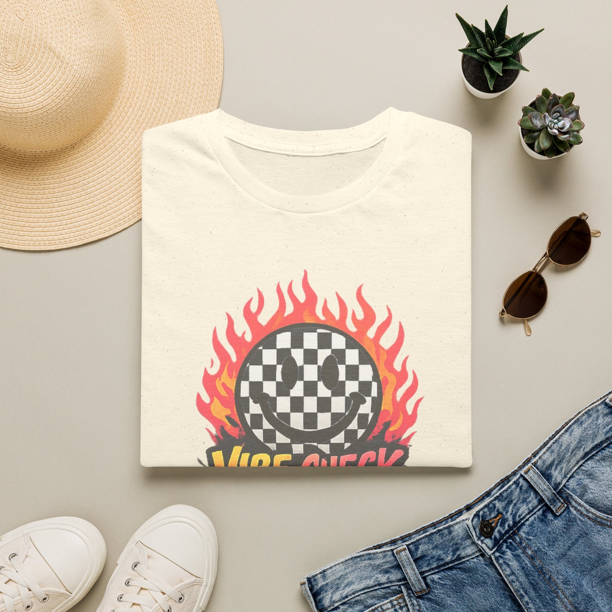 Vibe Check Graphic T-Shirt — Checkerboard Flame Design