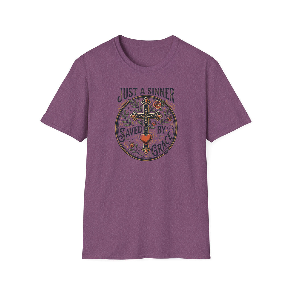 Christian Faith T-Shirt — "Just a Sinner, Saved by Grace" Cross Design