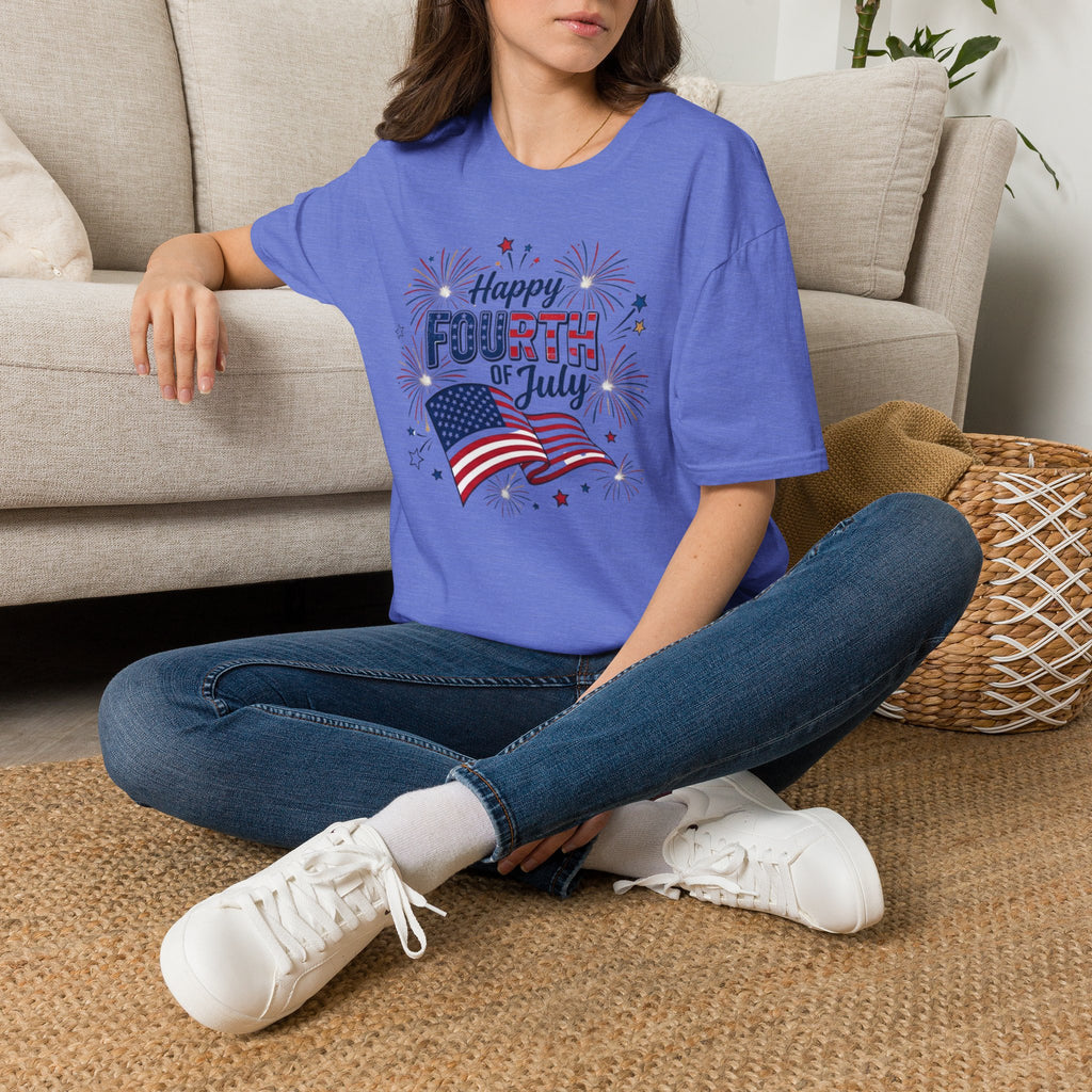 Fourth of July T-Shirt — "Happy Fourth of July" Patriotic Fireworks Flag Tee