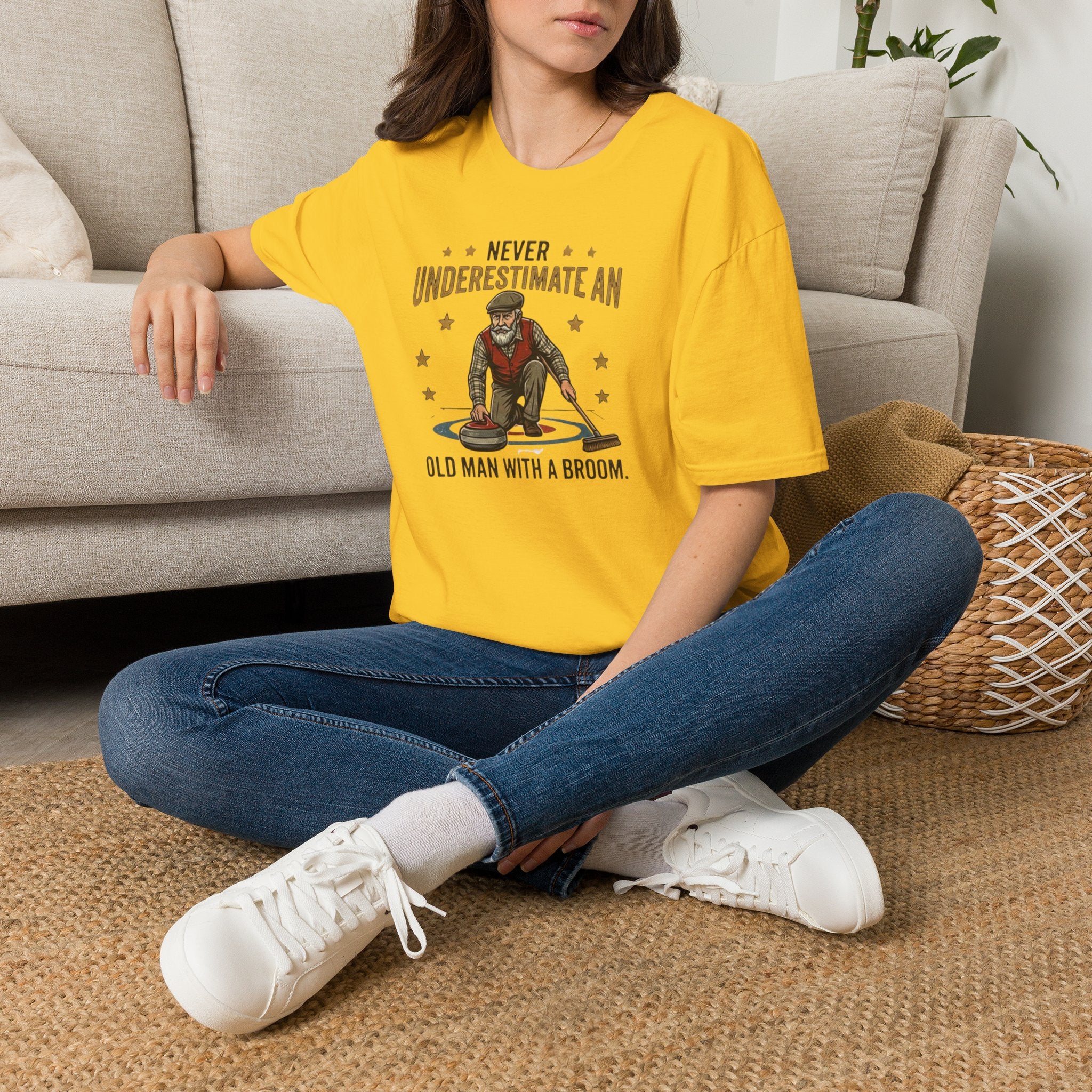 T‑Shirt — "Never Underestimate an Old Man with a Broom" Vintage Curling Design