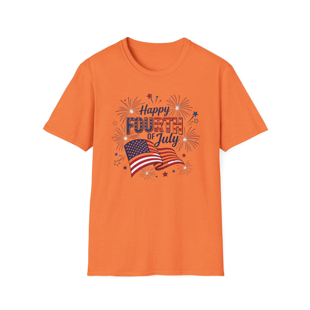 Fourth of July T-Shirt — "Happy Fourth of July" Patriotic Fireworks Flag Tee