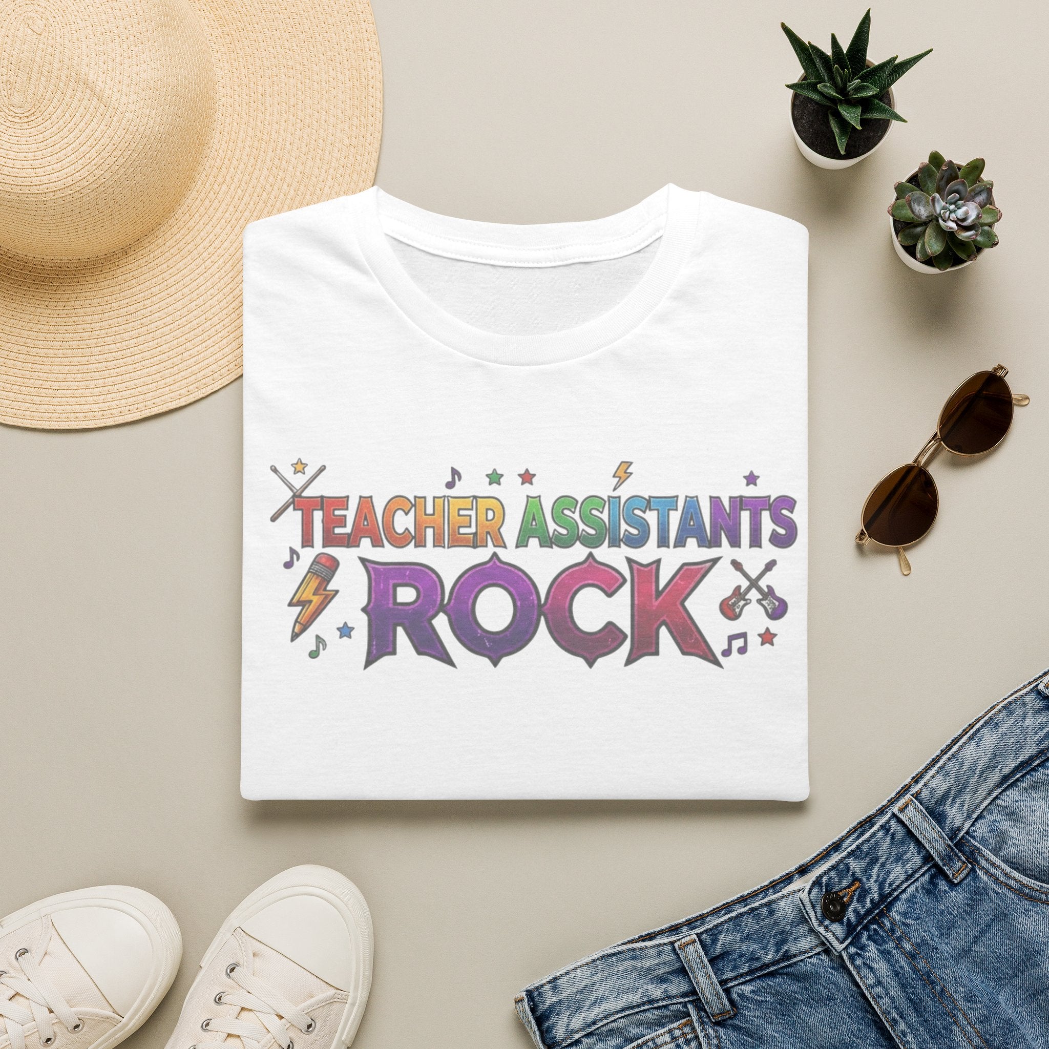 Teacher Assistants Rock T-Shirt — Colorful Retro School Support Staff Tee