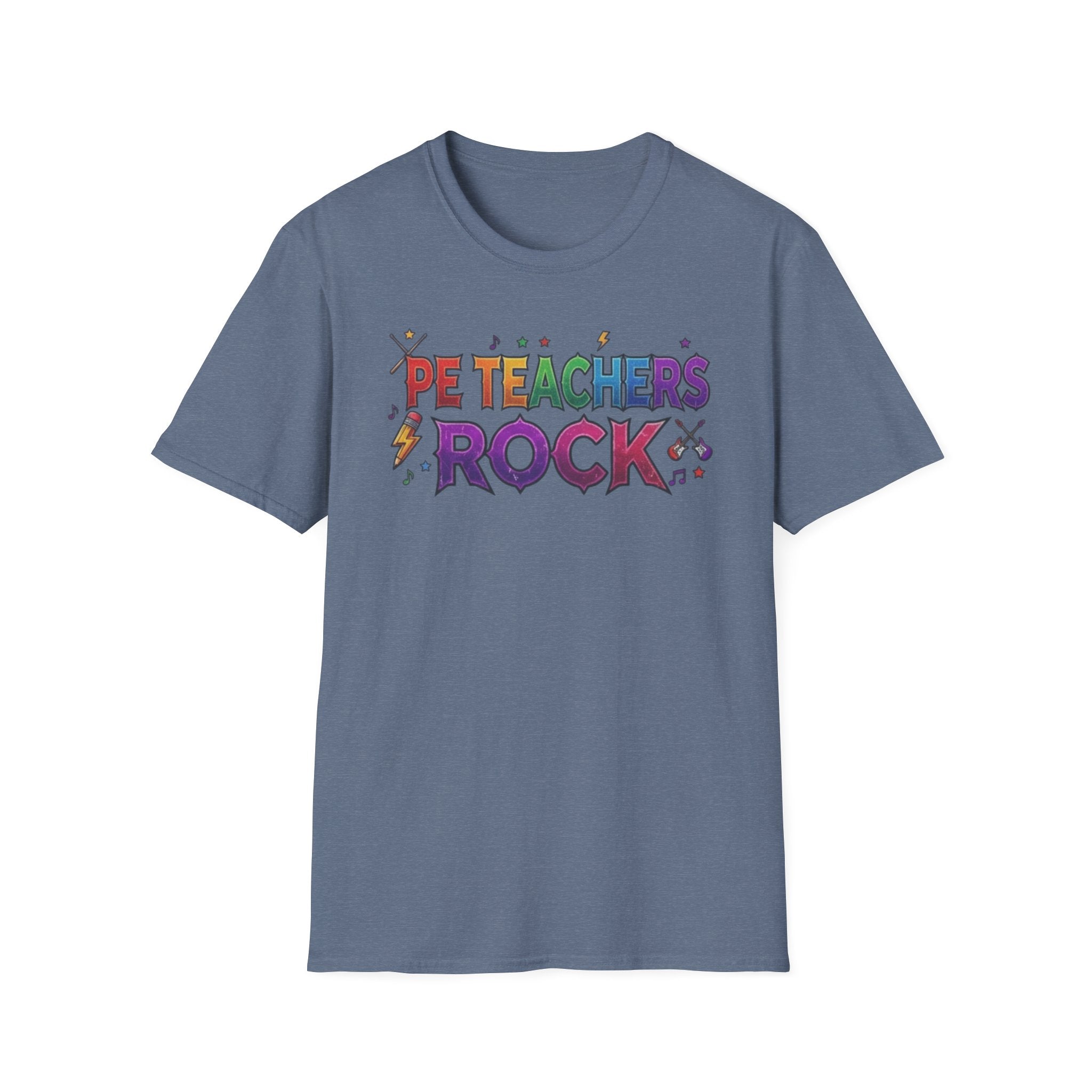 PE Teachers Rock T-Shirt — Colorful Retro Music Graphic Tee for Elementary & Special Ed Educators