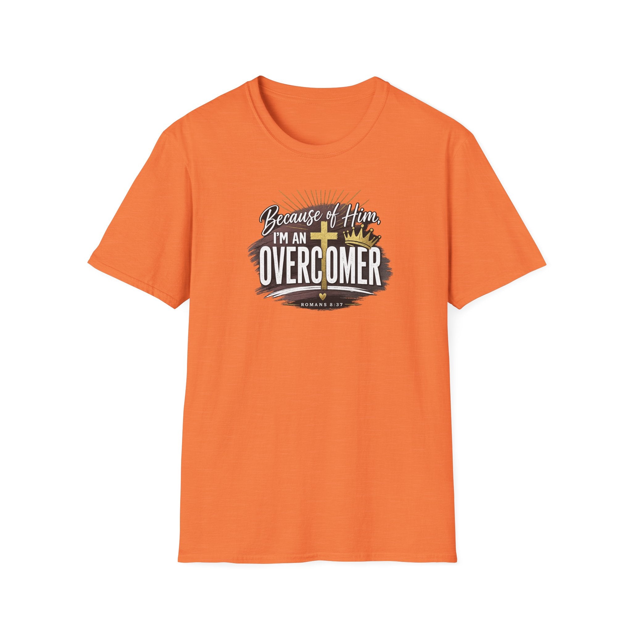 Because of Him I’m an Overcomer T-Shirt — Christian Inspirational Faith Tee