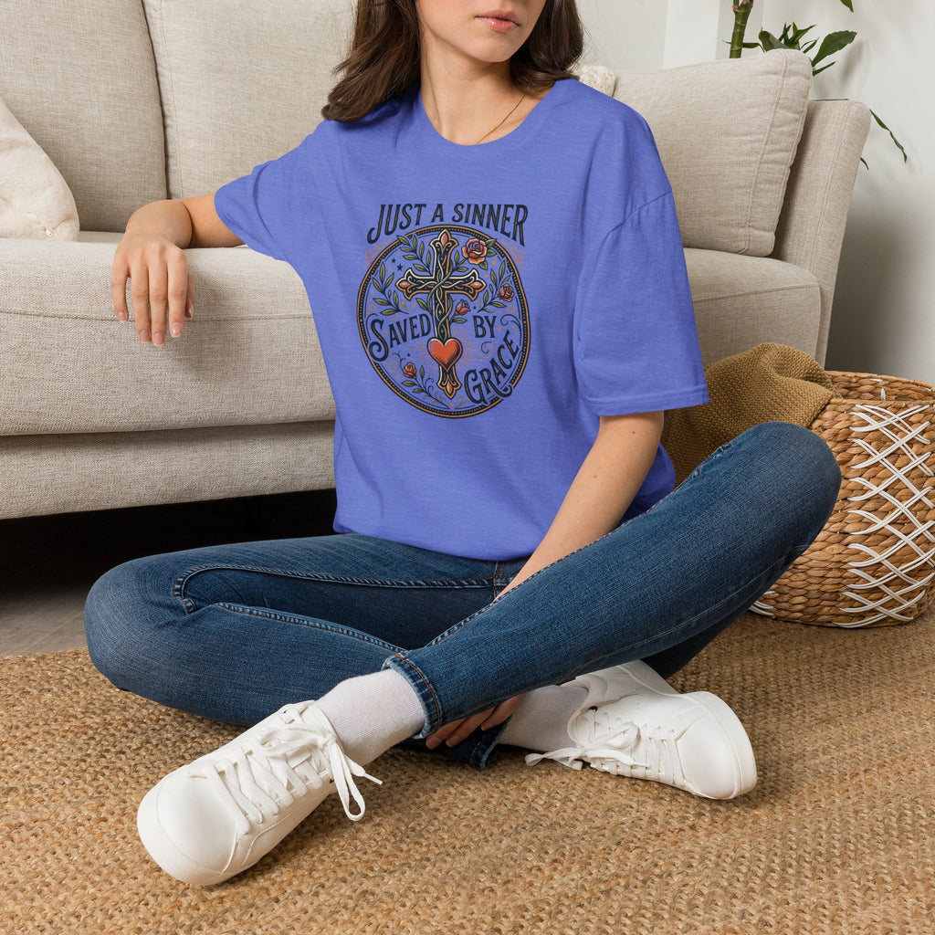 Christian Faith T-Shirt — "Just a Sinner, Saved by Grace" Cross Design