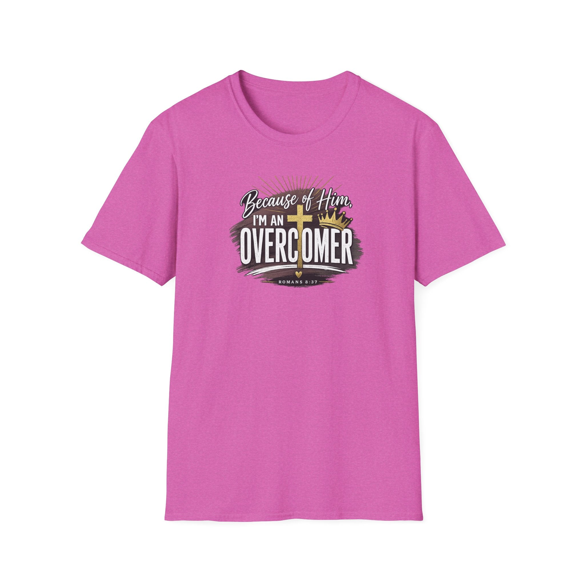 Because of Him I’m an Overcomer T-Shirt — Christian Inspirational Faith Tee