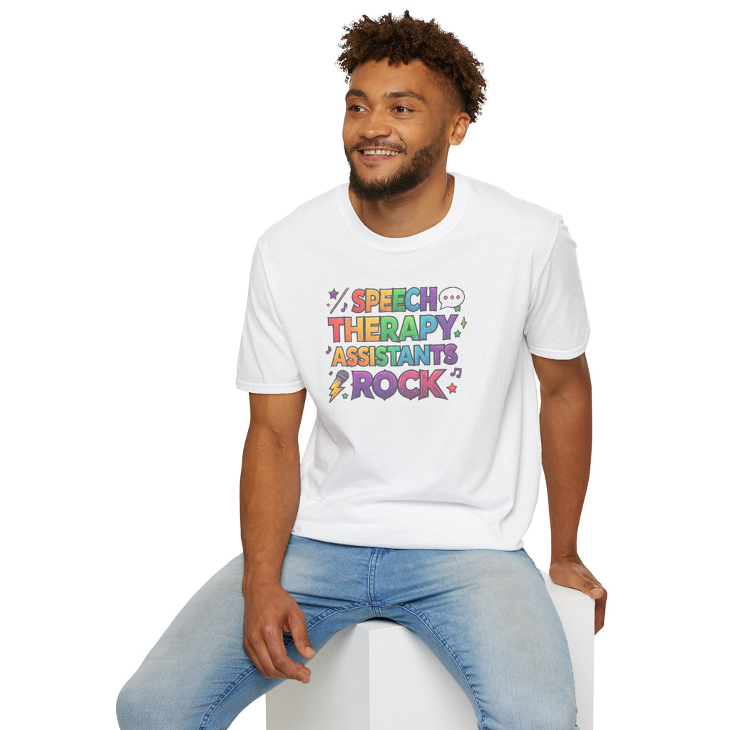Speech Therapy Assistants Rock T-Shirt — Colorful Retro Pride Tee for SLP Assistants