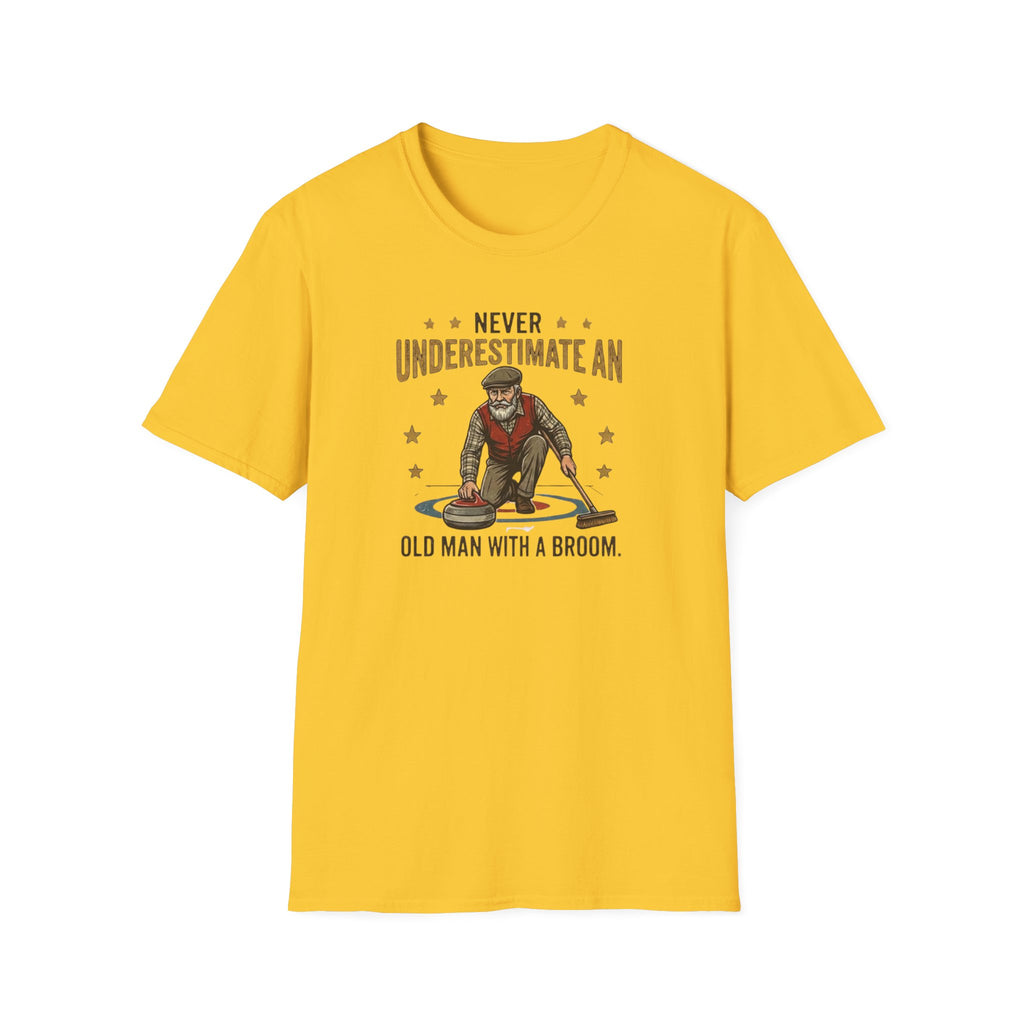 T‑Shirt — "Never Underestimate an Old Man with a Broom" Vintage Curling Design