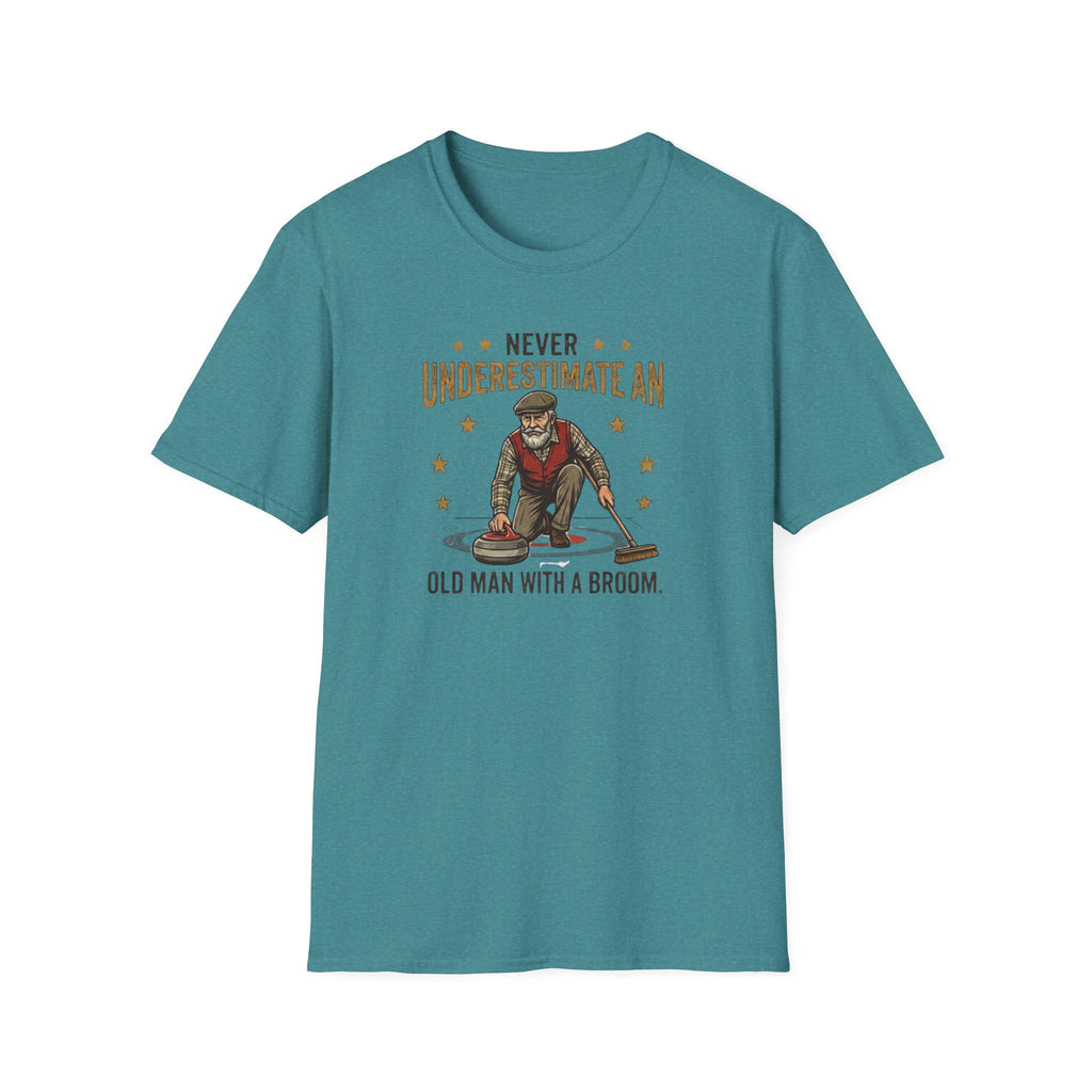 T‑Shirt — "Never Underestimate an Old Man with a Broom" Vintage Curling Design