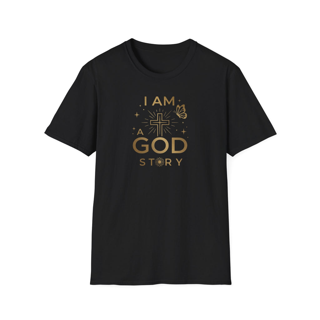 I Am a Godstory T-Shirt — Christian Faith Cross Tee (Butterfly & Inspirational Scripture Design)