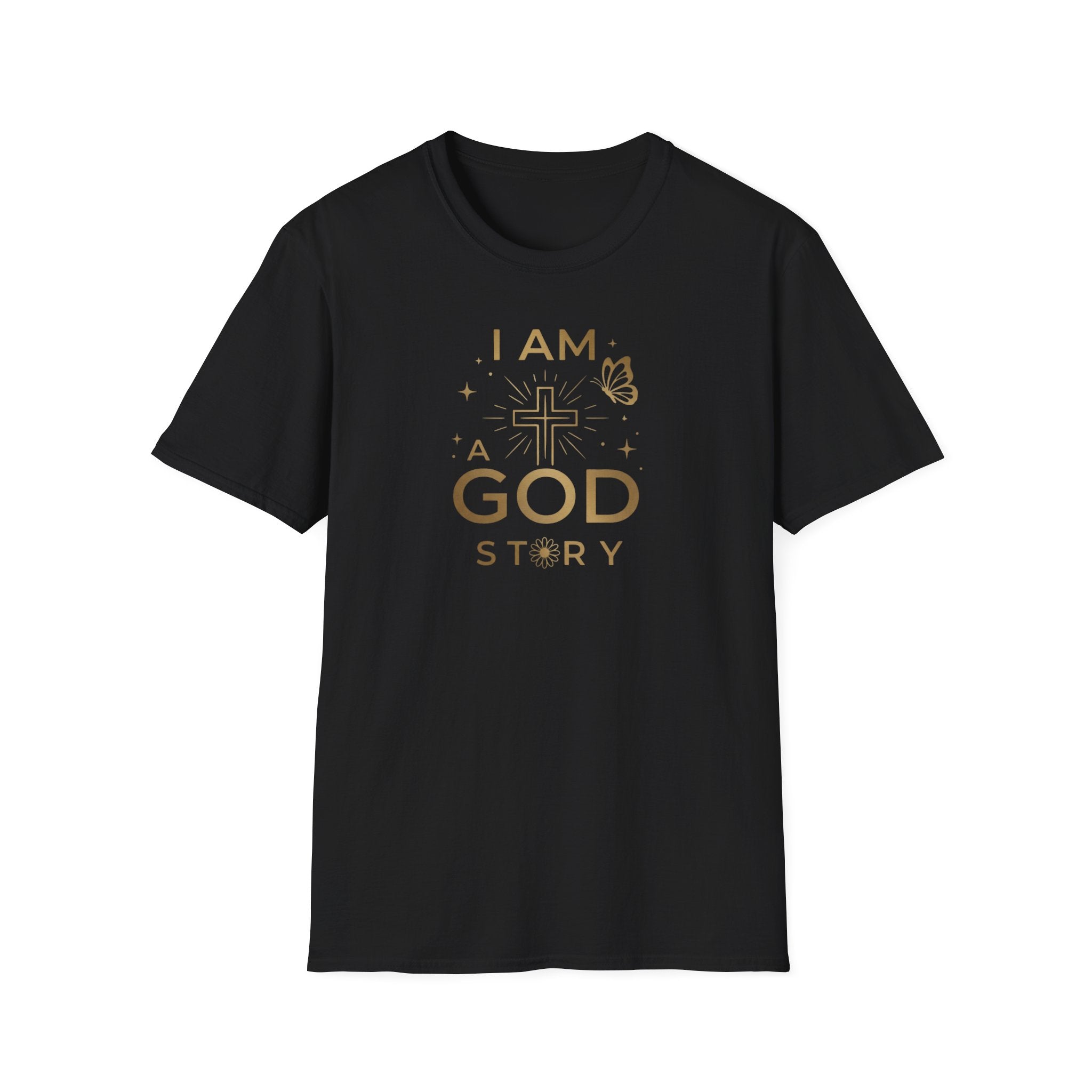 I Am a Godstory T-Shirt — Christian Faith Cross Tee (Butterfly & Inspirational Scripture Design)