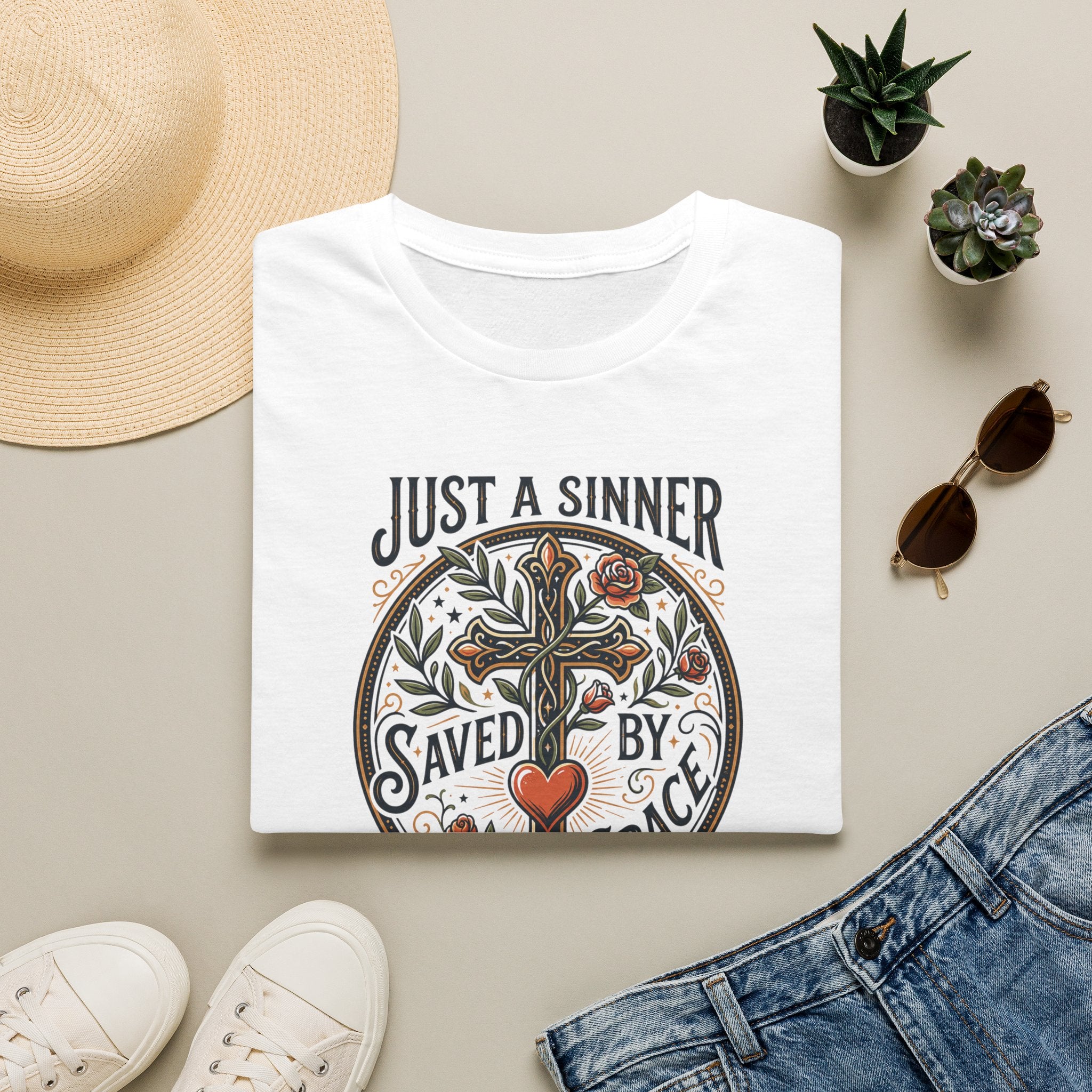 Christian Faith T-Shirt — "Just a Sinner, Saved by Grace" Cross Design