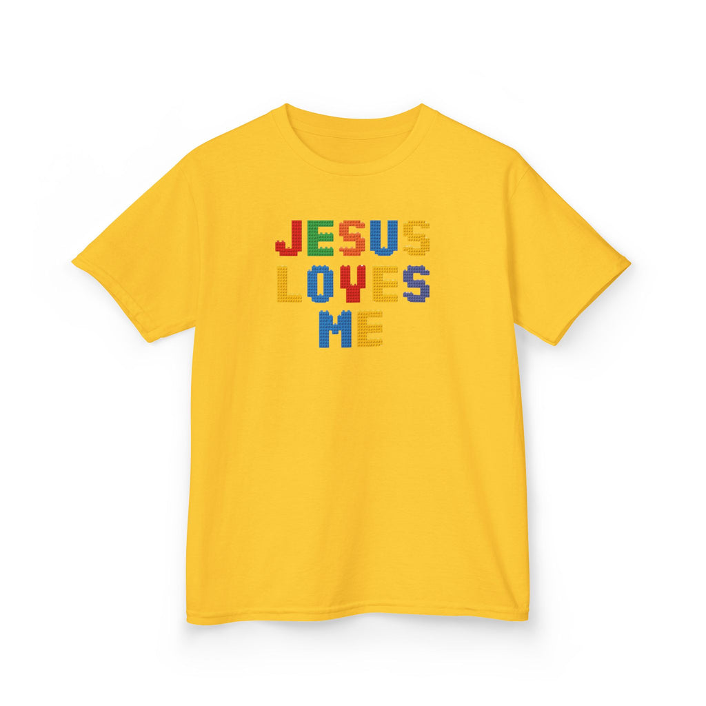 Kids T-Shirt — "Jesus Loves Me" Colorful Block Letter Tee