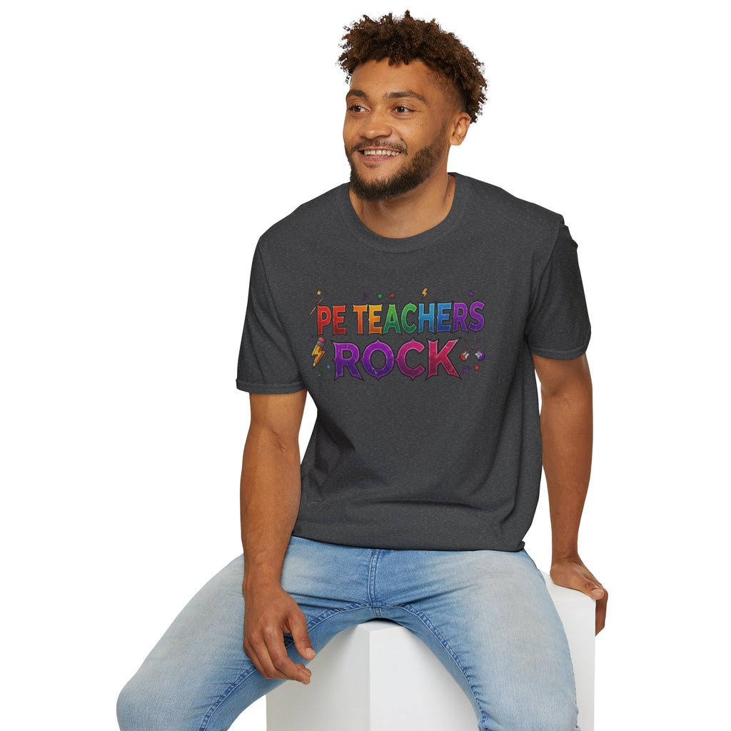 PE Teachers Rock T-Shirt — Colorful Retro Music Graphic Tee for Elementary & Special Ed Educators