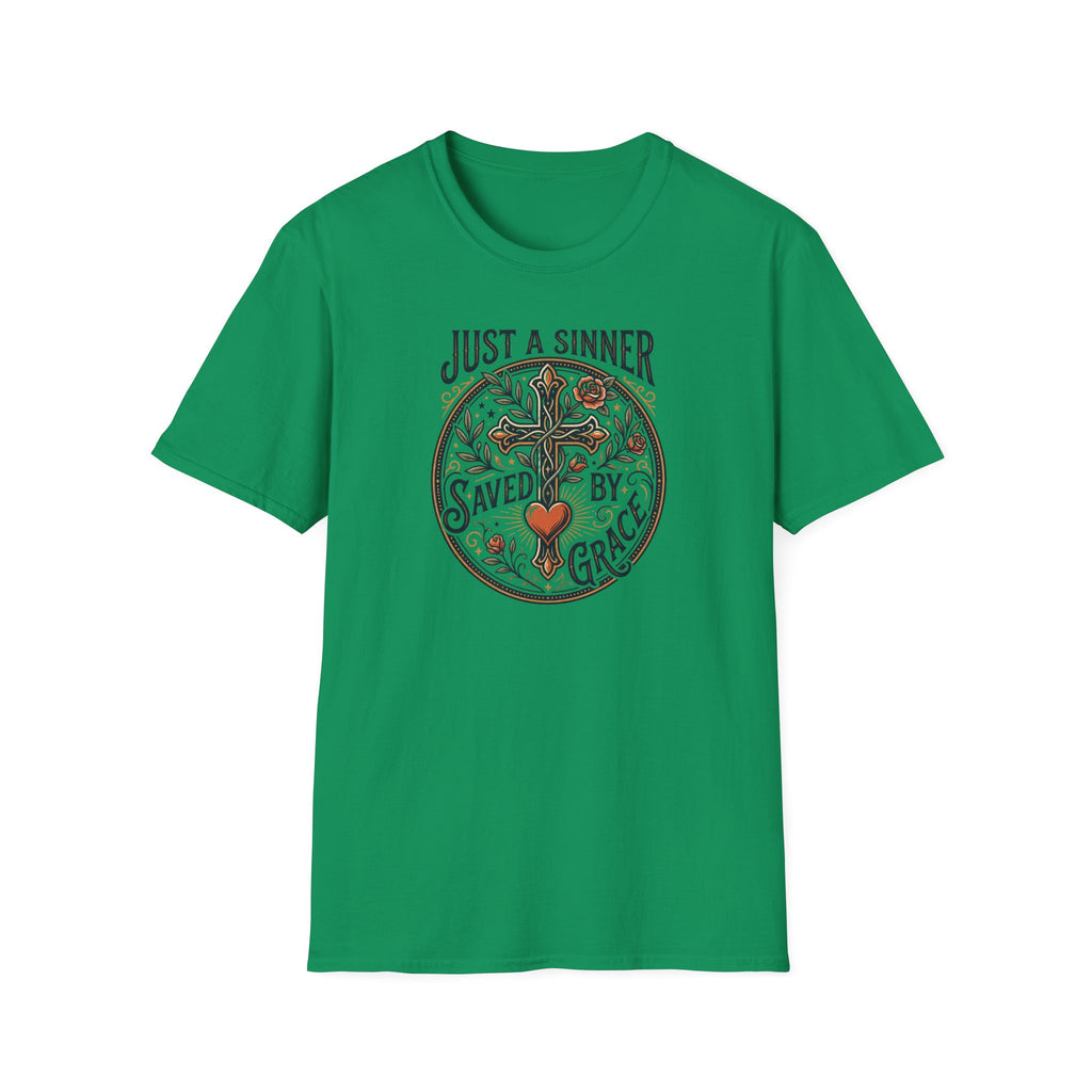 Christian Faith T-Shirt — "Just a Sinner, Saved by Grace" Cross Design
