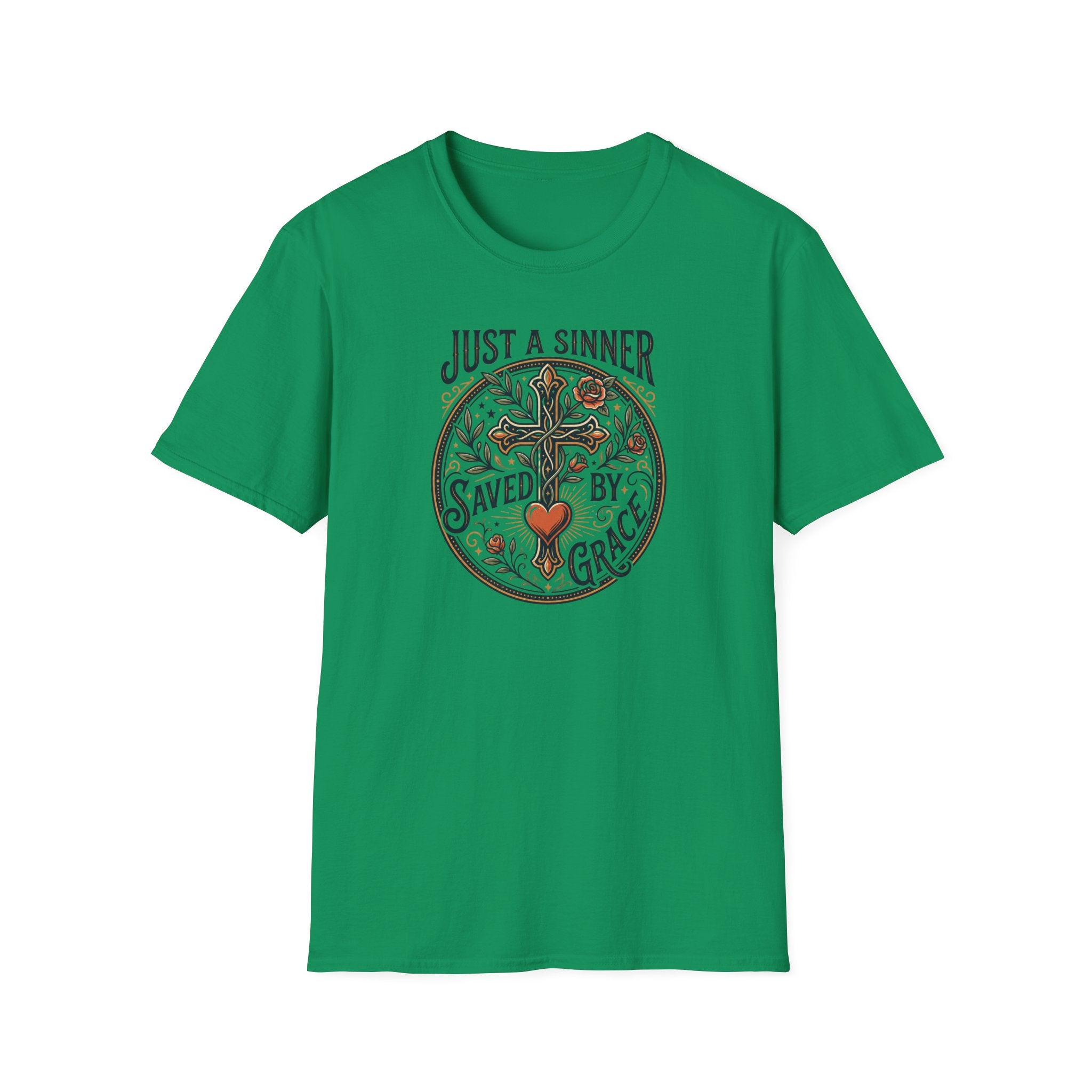 Christian Faith T-Shirt — "Just a Sinner, Saved by Grace" Cross Design