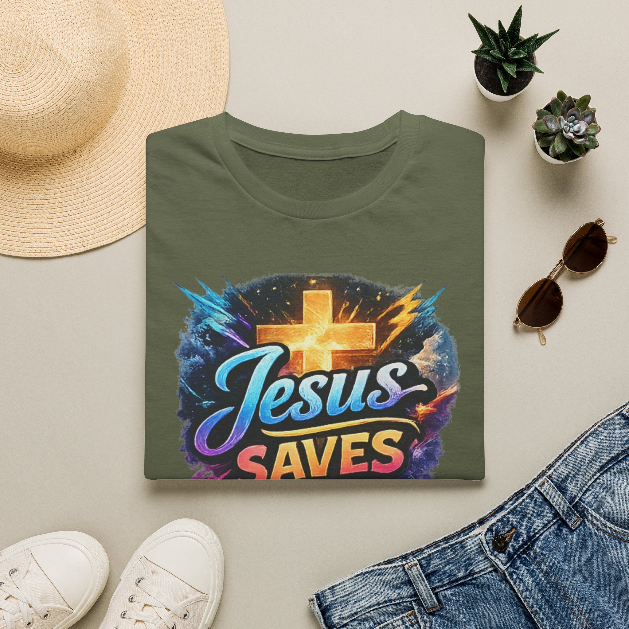 Jesus Saves T-Shirt — Colorful Cross Christian Faith Tee
