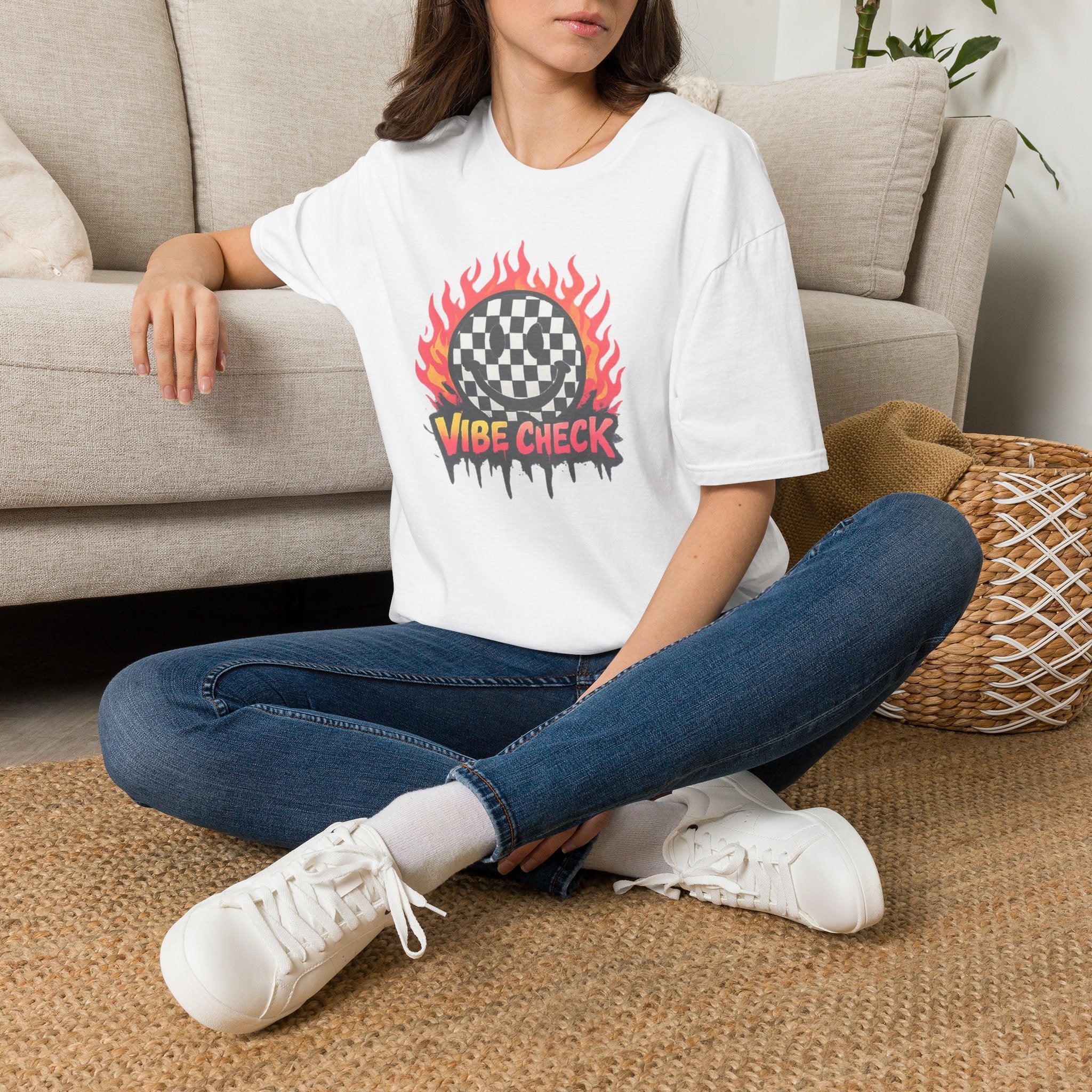Vibe Check Graphic T-Shirt — Checkerboard Flame Design