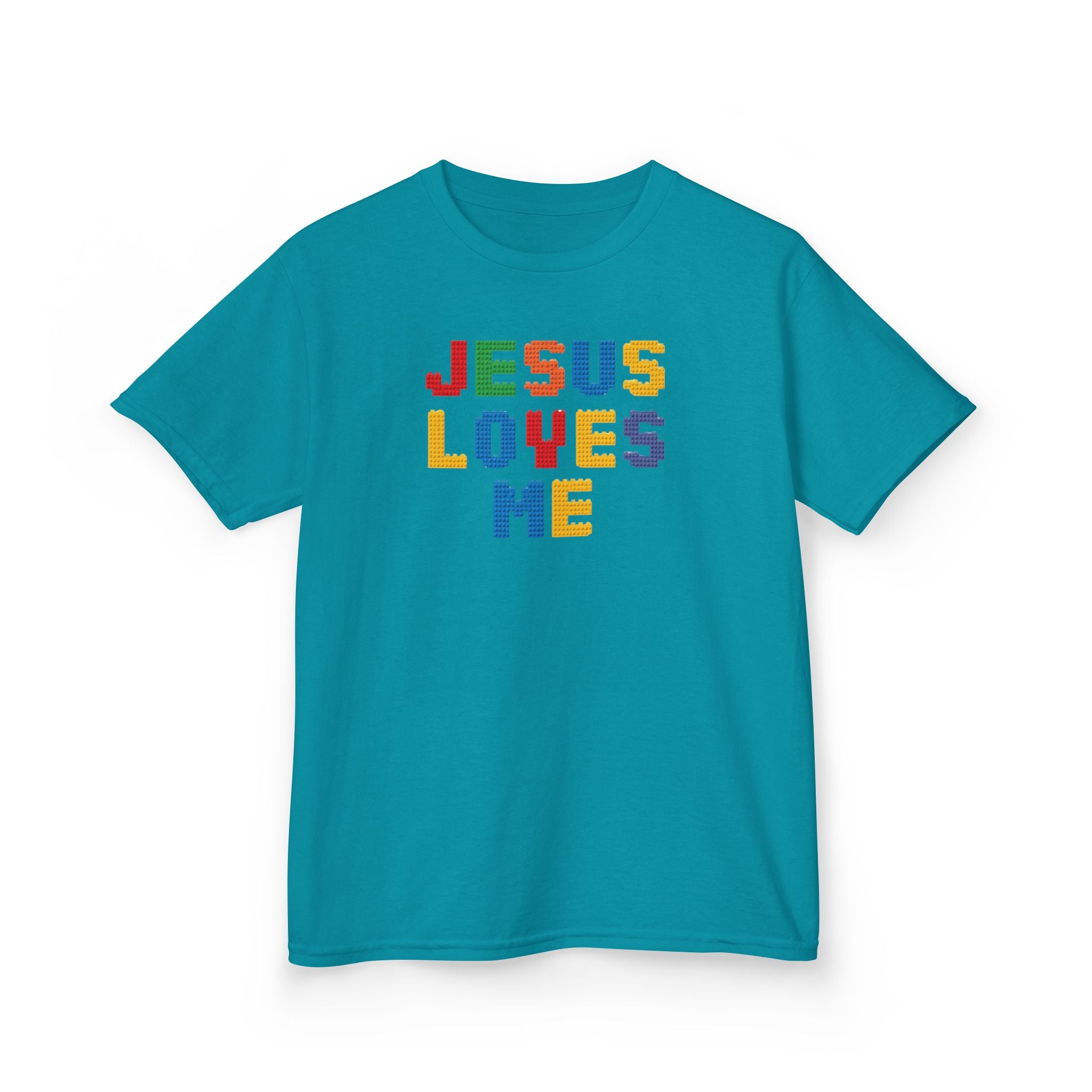 Kids T-Shirt — "Jesus Loves Me" Colorful Block Letter Tee