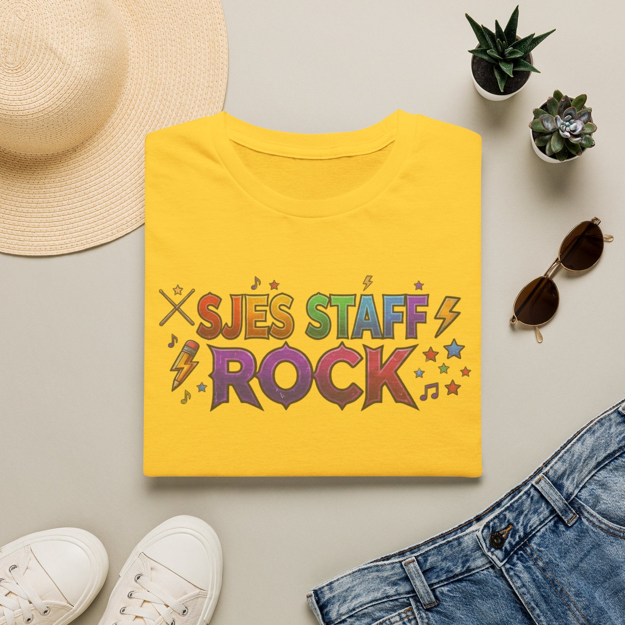 SJES Staff Rock T-Shirt — Colorful Retro School Staff Appreciation Tee