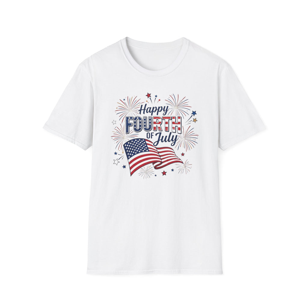 Fourth of July T-Shirt — "Happy Fourth of July" Patriotic Fireworks Flag Tee