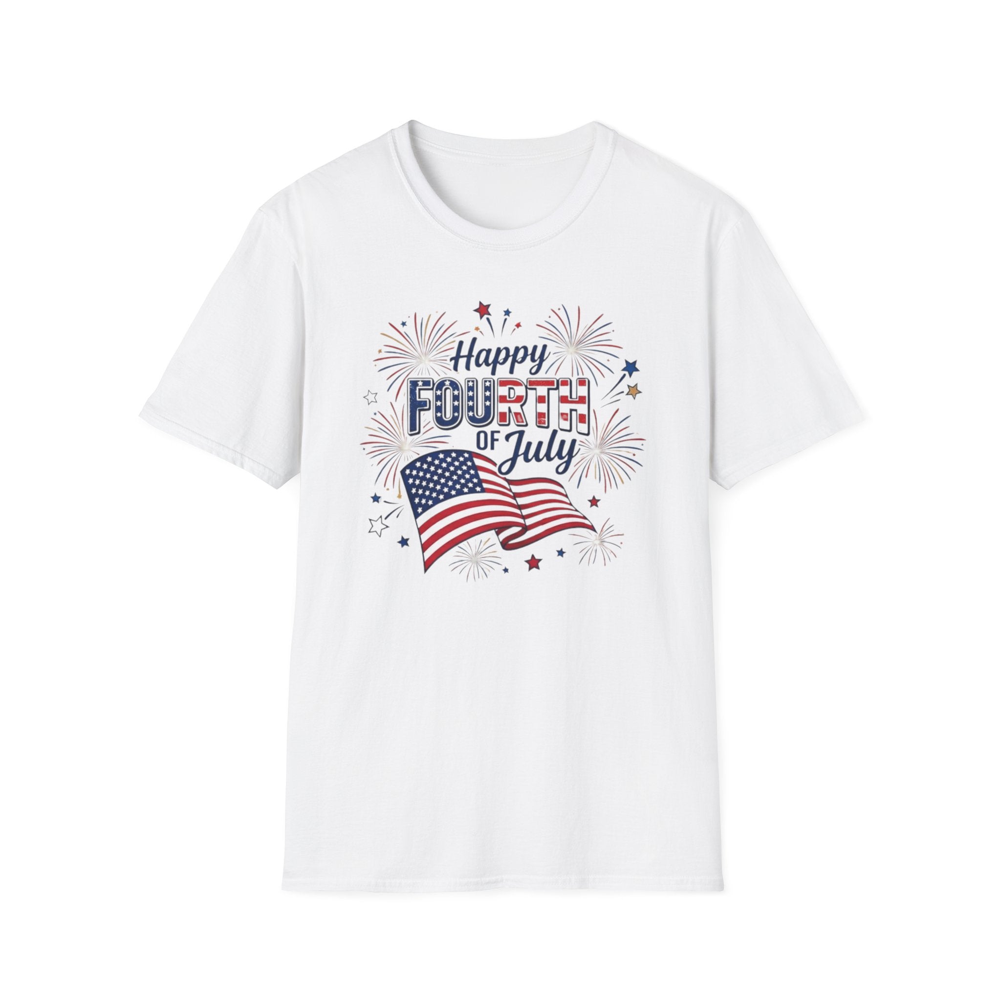Fourth of July T-Shirt — "Happy Fourth of July" Patriotic Fireworks Flag Tee