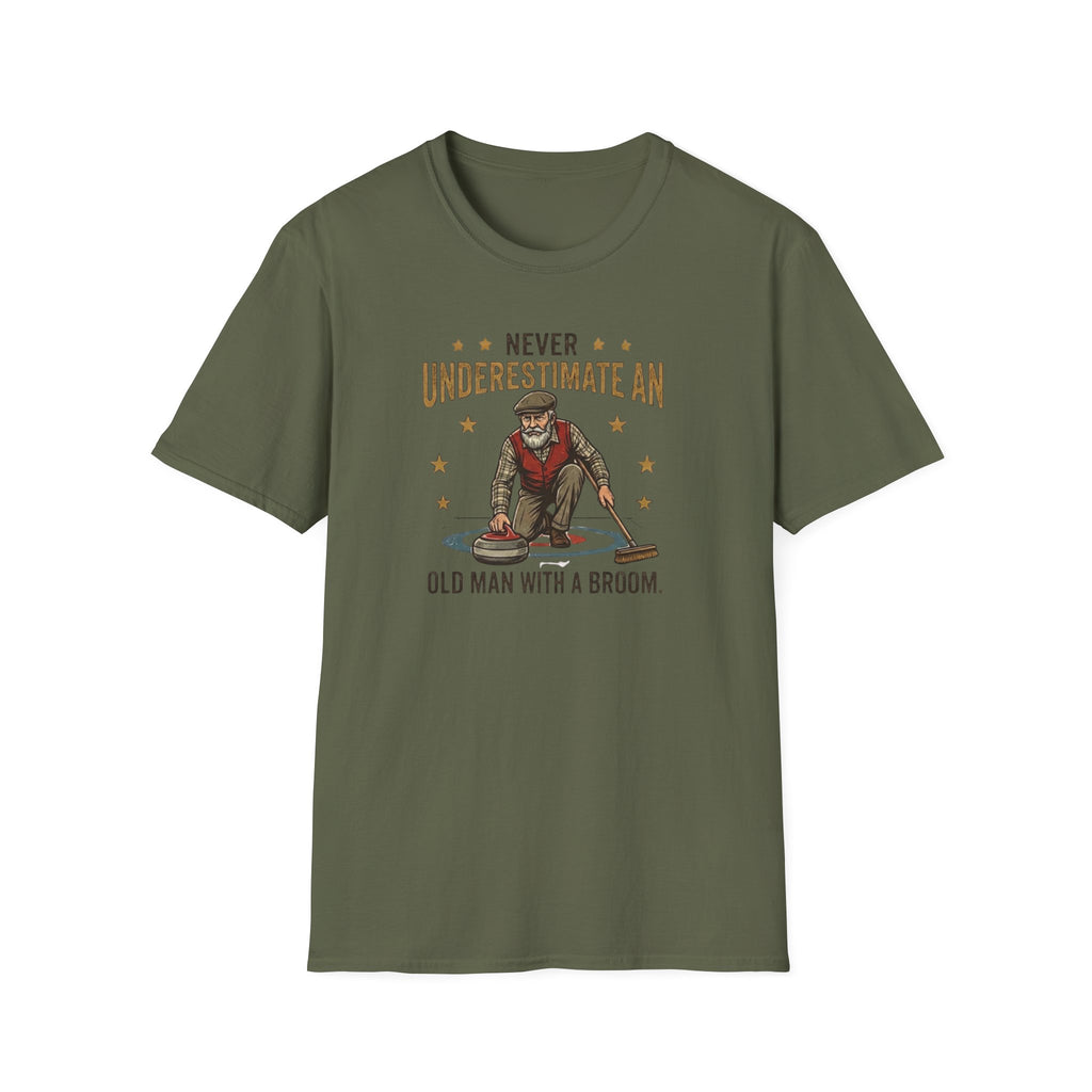 T‑Shirt — "Never Underestimate an Old Man with a Broom" Vintage Curling Design