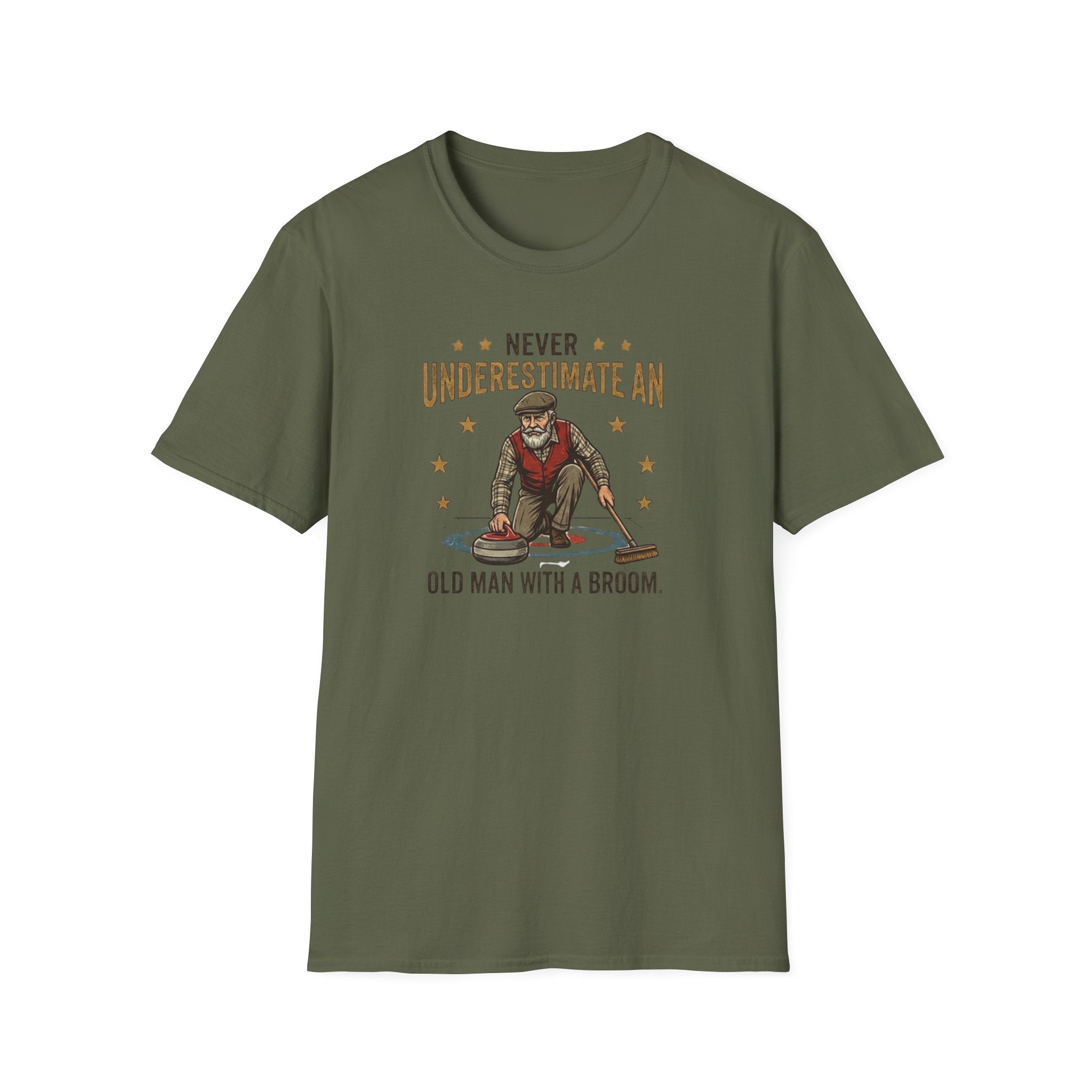 T‑Shirt — "Never Underestimate an Old Man with a Broom" Vintage Curling Design