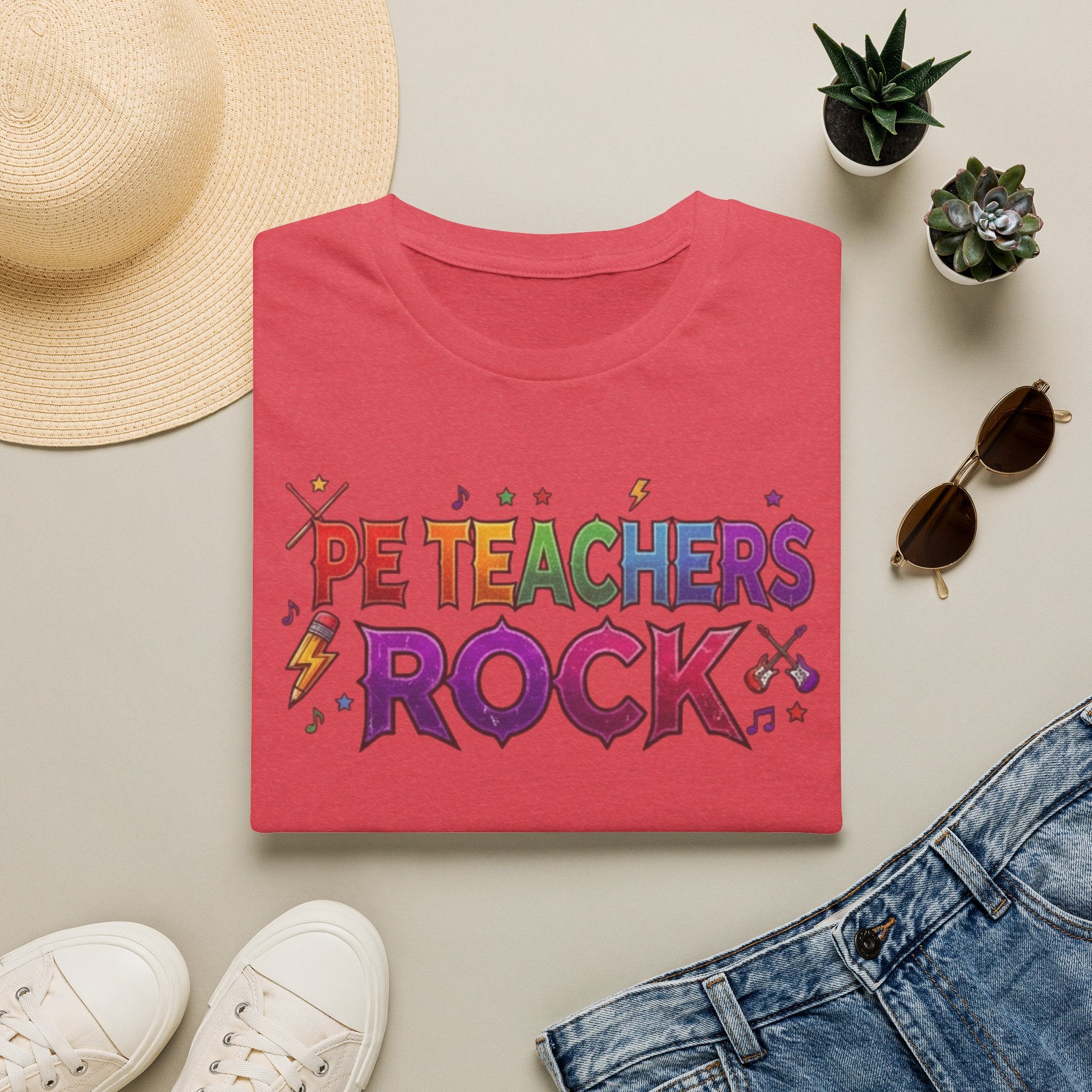 PE Teachers Rock T-Shirt — Colorful Retro Music Graphic Tee for Elementary & Special Ed Educators