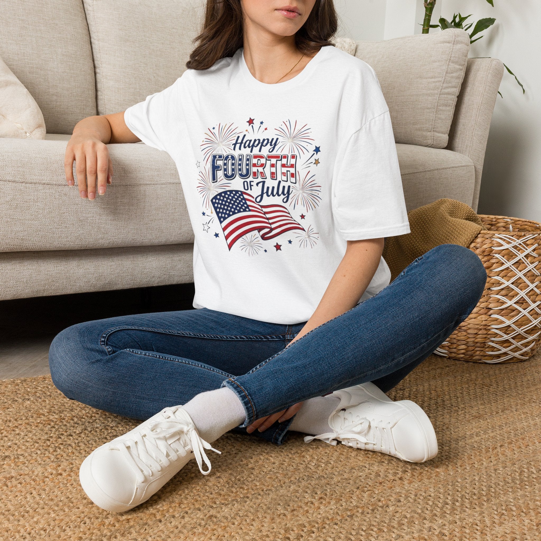 Fourth of July T-Shirt — "Happy Fourth of July" Patriotic Fireworks Flag Tee