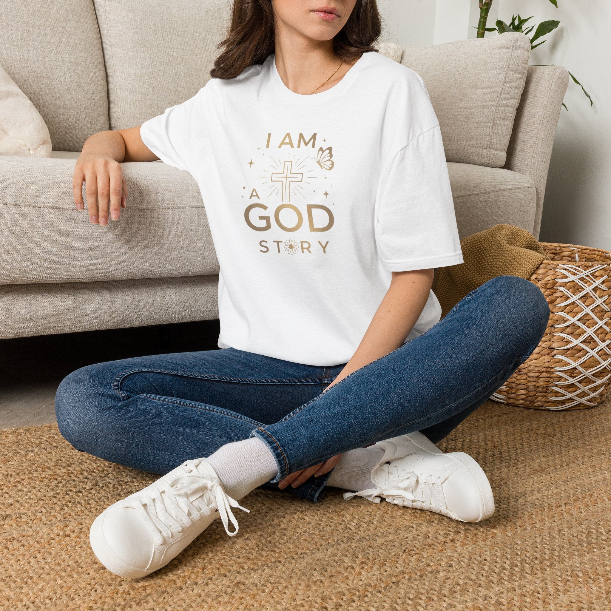 I Am a Godstory T-Shirt — Christian Faith Cross Tee (Butterfly & Inspirational Scripture Design)