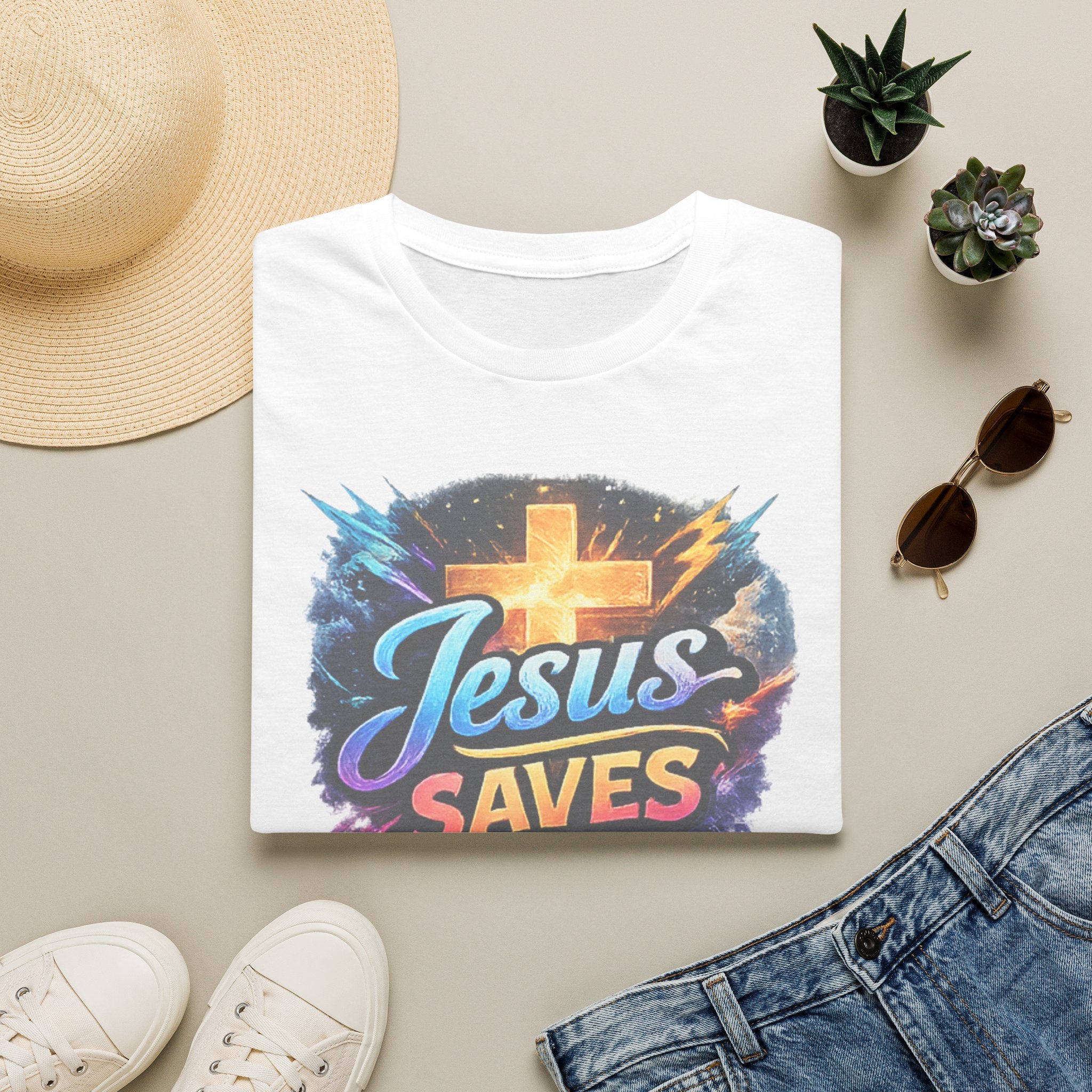 Jesus Saves T-Shirt — Colorful Cross Christian Faith Tee