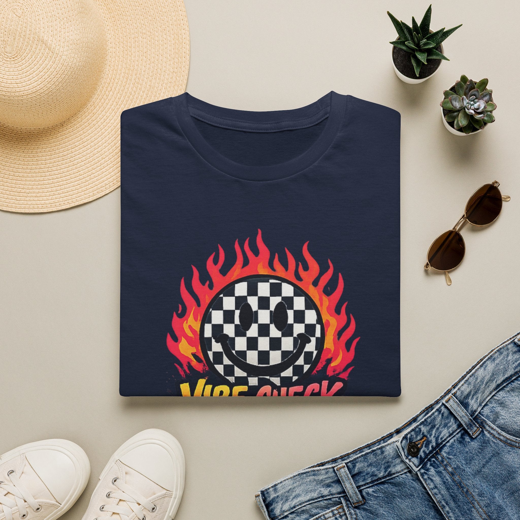 Vibe Check Graphic T-Shirt — Checkerboard Flame Design