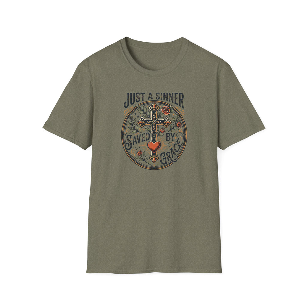 Christian Faith T-Shirt — "Just a Sinner, Saved by Grace" Cross Design