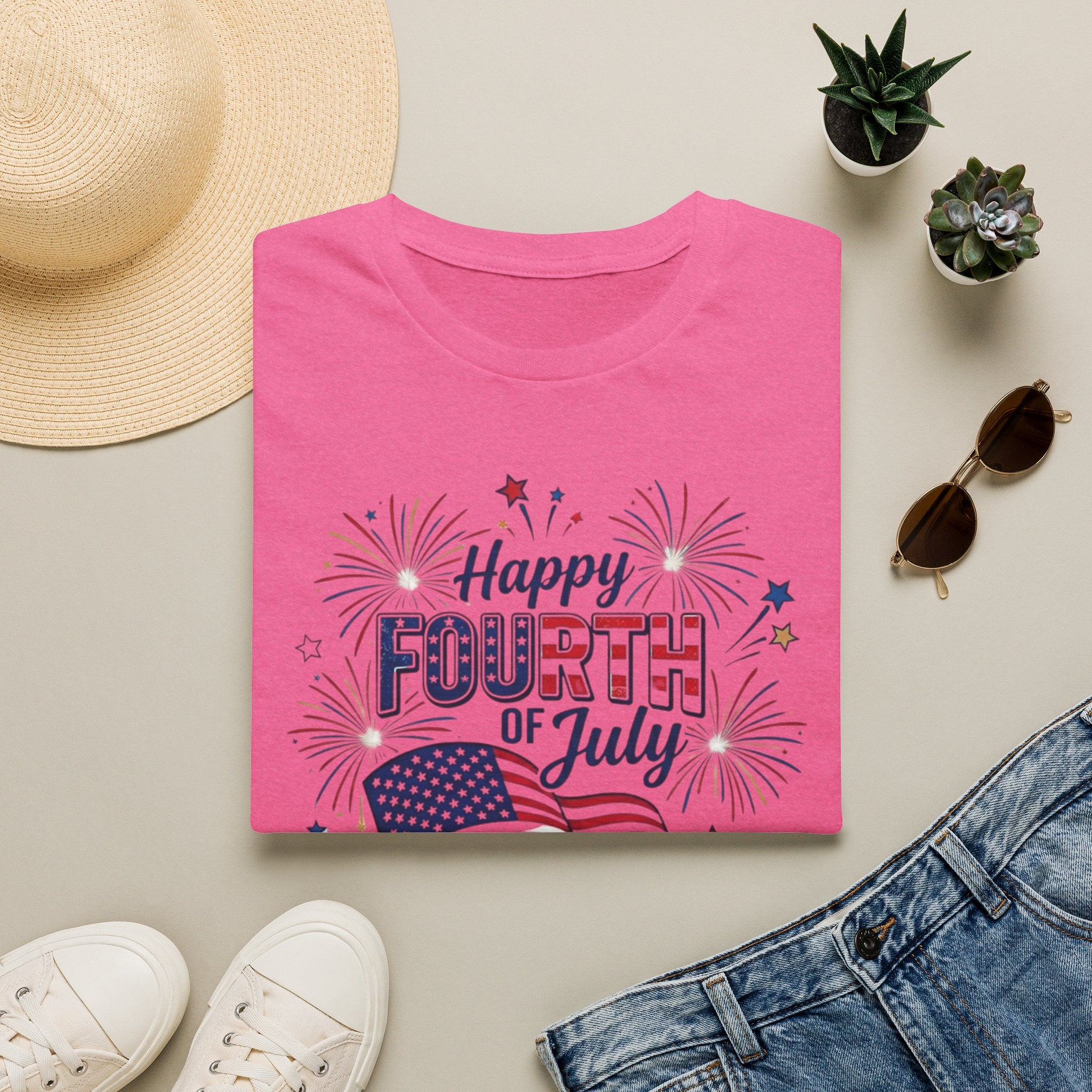 Fourth of July T-Shirt — "Happy Fourth of July" Patriotic Fireworks Flag Tee